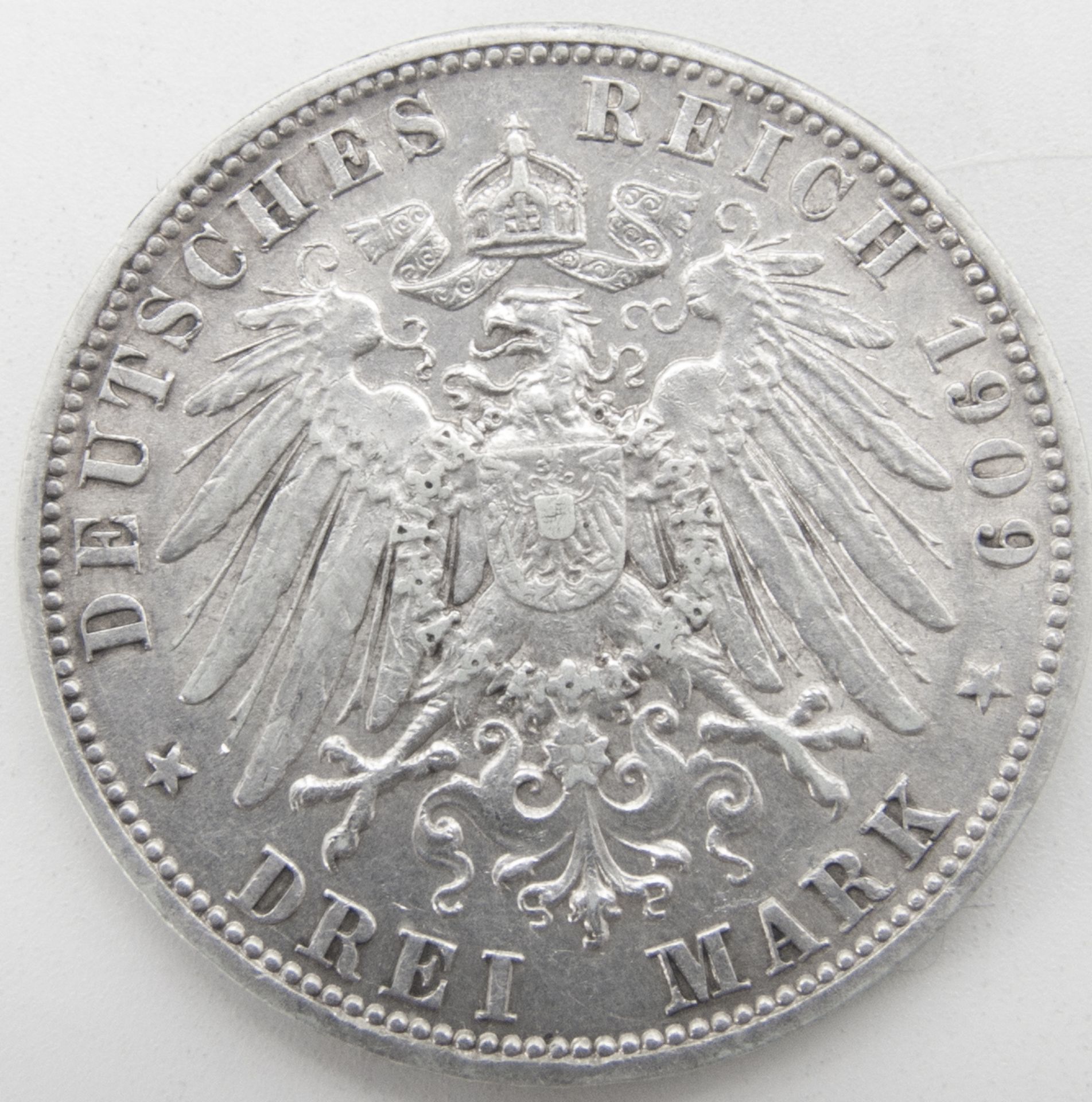 Deutsches Kaiserreich 1909 A, 3.- Mark - Silbermünze "Wilhelm II.". Erhaltung: ss. - Bild 2 aus 2