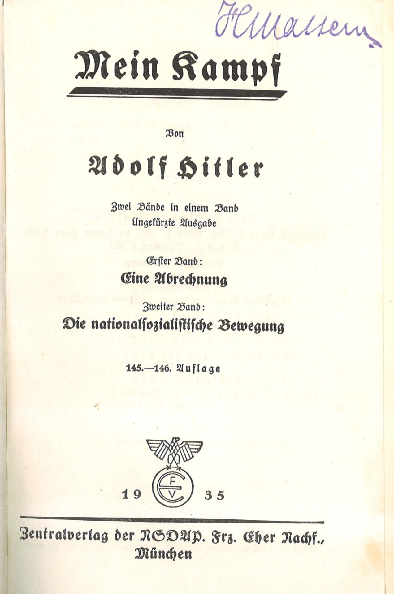"Mein Kampf" Adolf Hitler, Eher-Verlag 1935, 2 Bände in einem Band, gebundene Ausgabe - Bild 2 aus 3