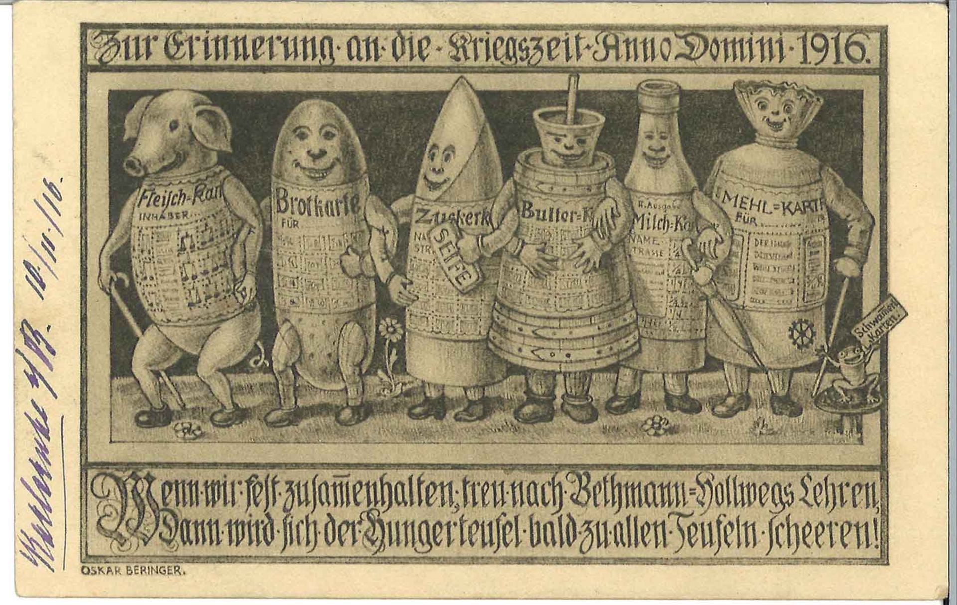 Postkarte "Zur Erinnerung an die Kriegszeit Anno Domini 1916 - Humor, Rückseite beschrieben