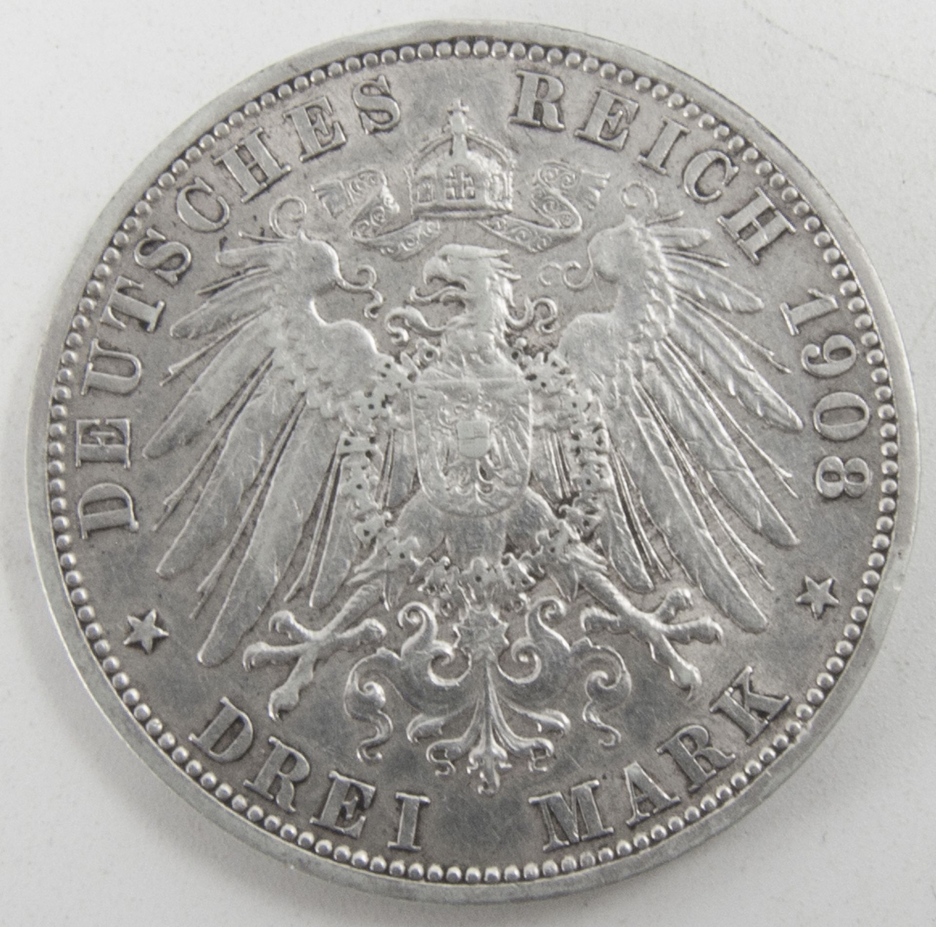 Deutsches Kaiserreich 1908 A, 3.- Mark - Silbermünze, "Wilhelm II.". Jaeger: 103. Erhaltung: ss. - Bild 2 aus 2