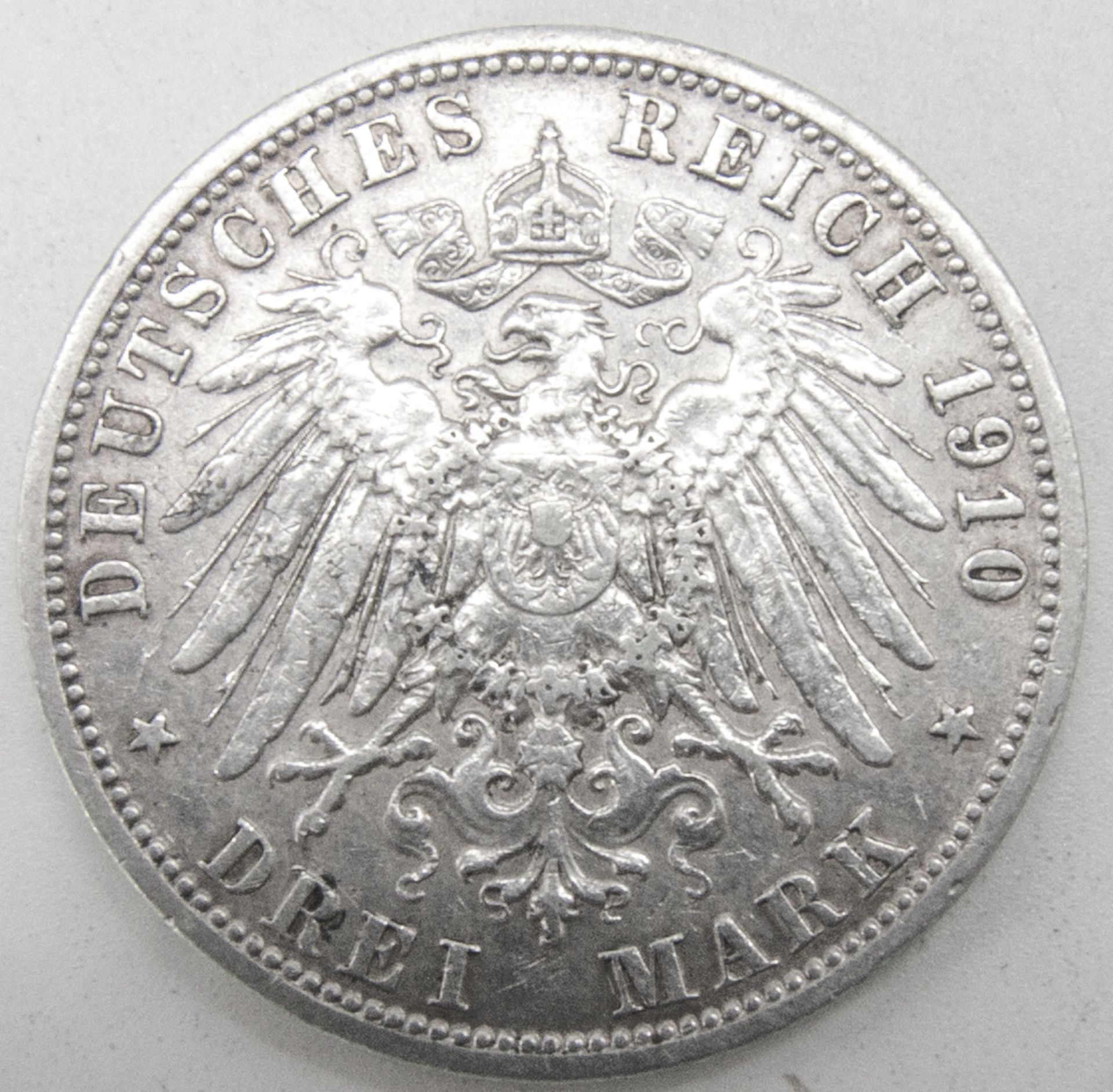 Deutsches Kaiserreich Preußen 1910 A, 3.- Mark - Silbermünze "Wilhelm II.". Erhaltung: vz. - Bild 2 aus 2