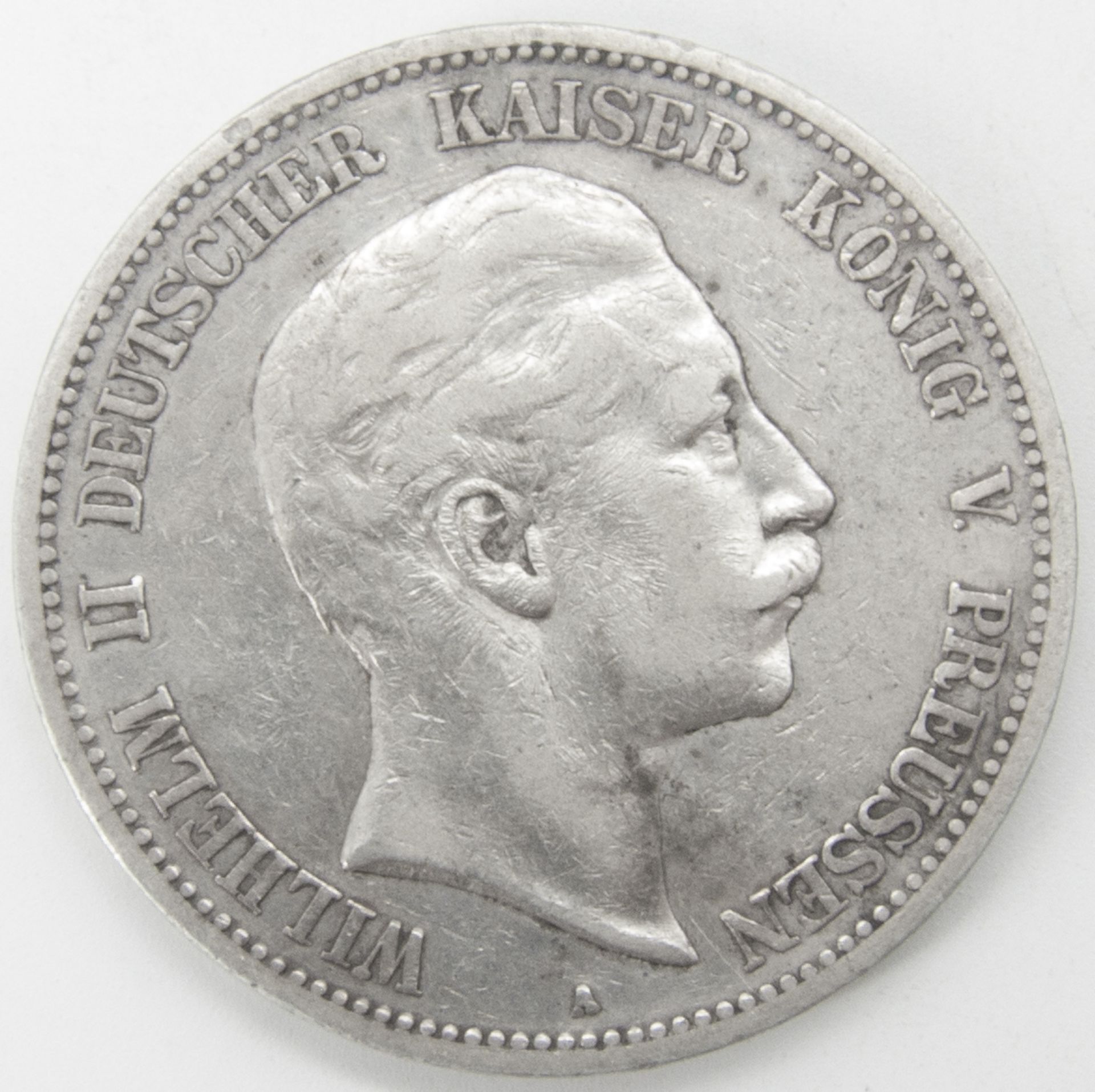 Deutsches Kaiserreich 1900 A, 5.- Mark - Silbermünze "Wilhelm II.". Erhaltung: ss.