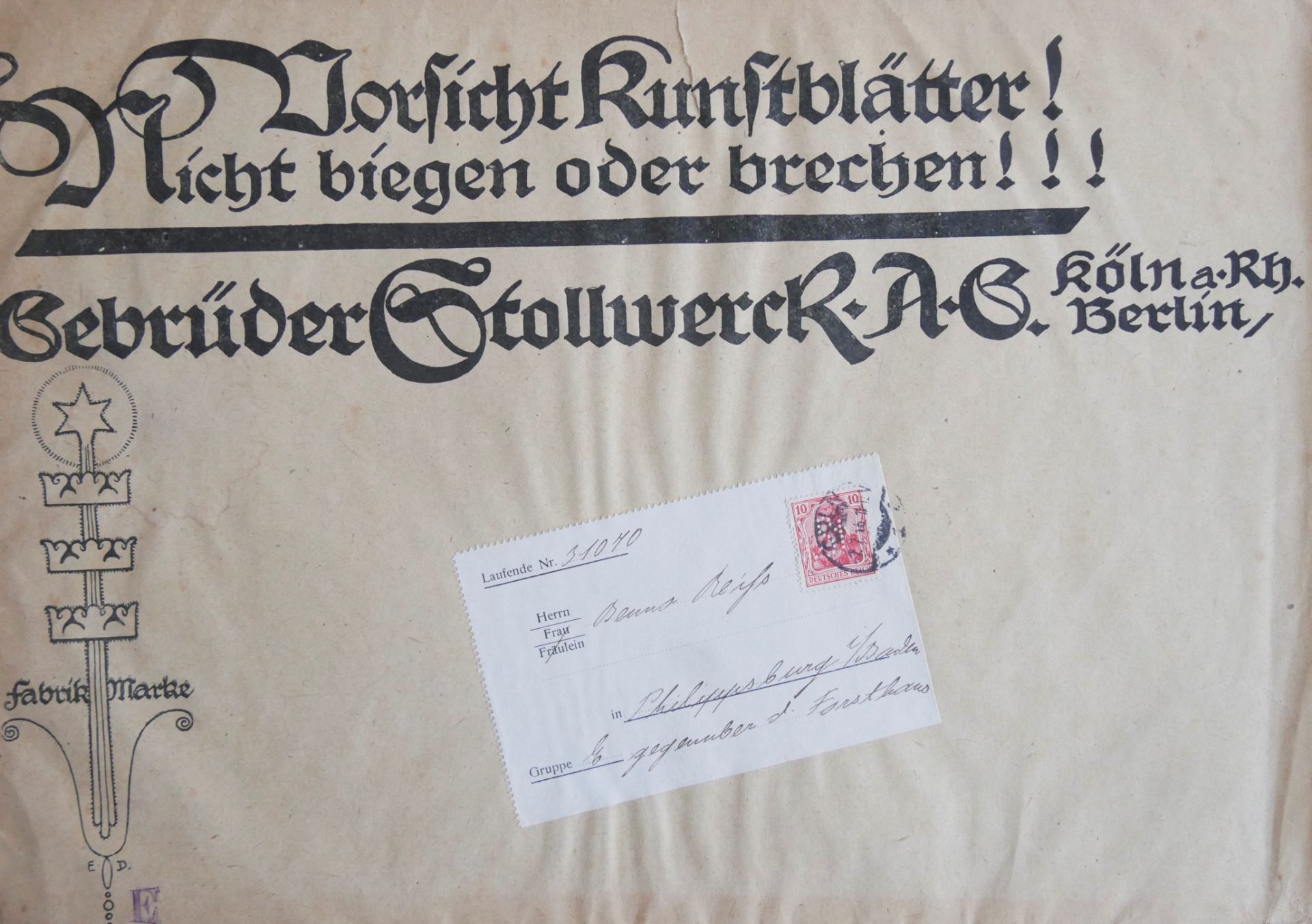 Interessante Versandkuvert der Firma Gebrüder Stollwerck AG, beklebt mit 10 Pfennig Germania - Image 2 of 2