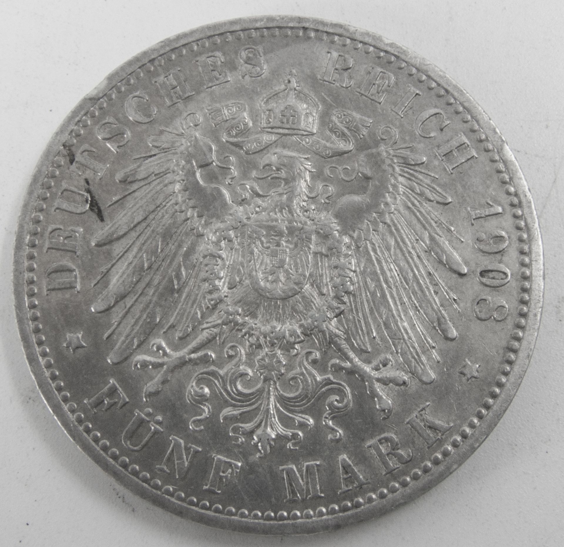 Deutsches Kaiserreich 1908 A, 5.- Mark - Silbermünze, "Wilhelm II.". Jaeger: 104. Erhaltung: ss. - Bild 2 aus 2