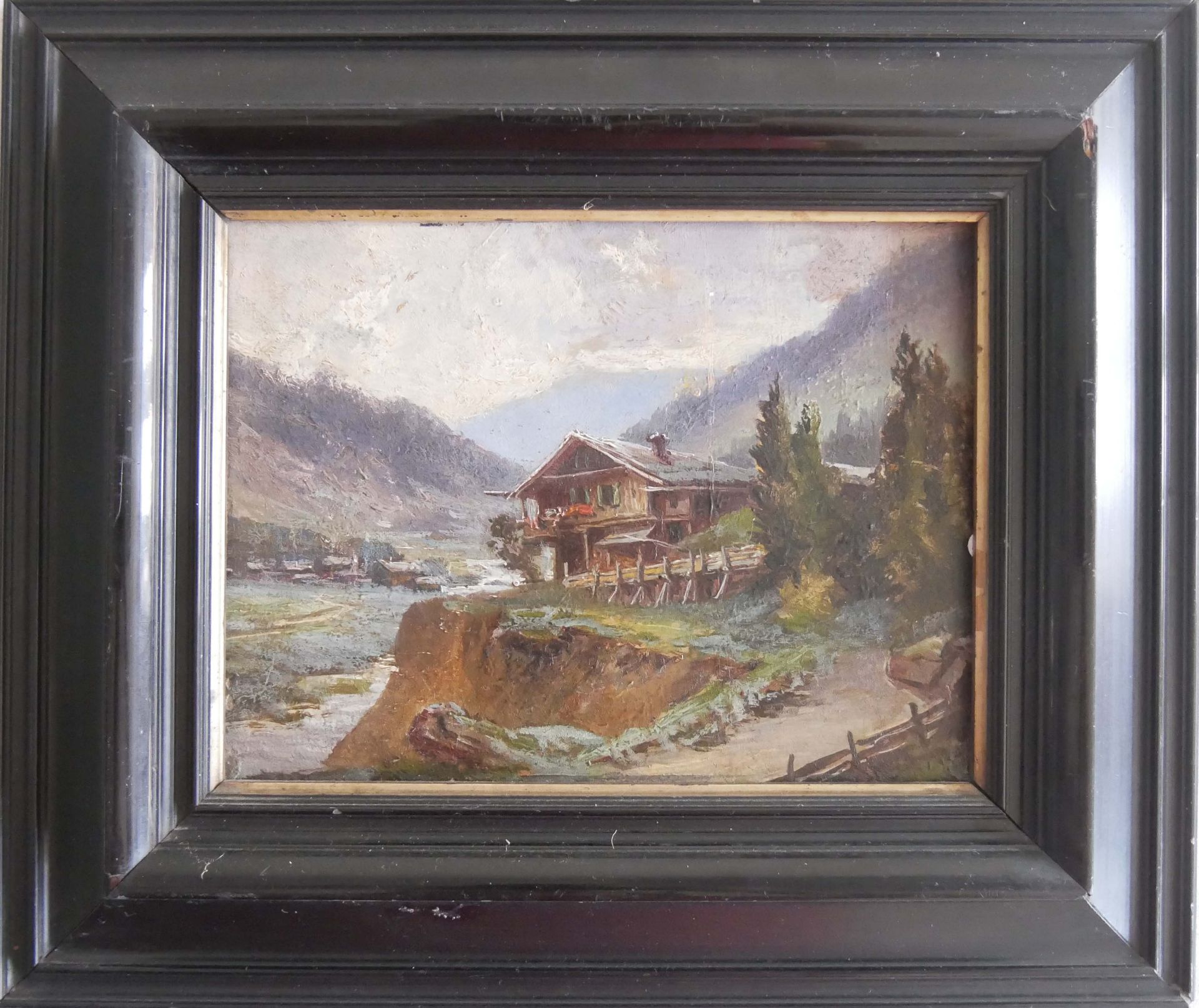 unbekannter Künstler, Ölgemälde auf Platte, "Haus in den Bergen". Gerahmt. Maße mit Rahmen 30,5 x 26