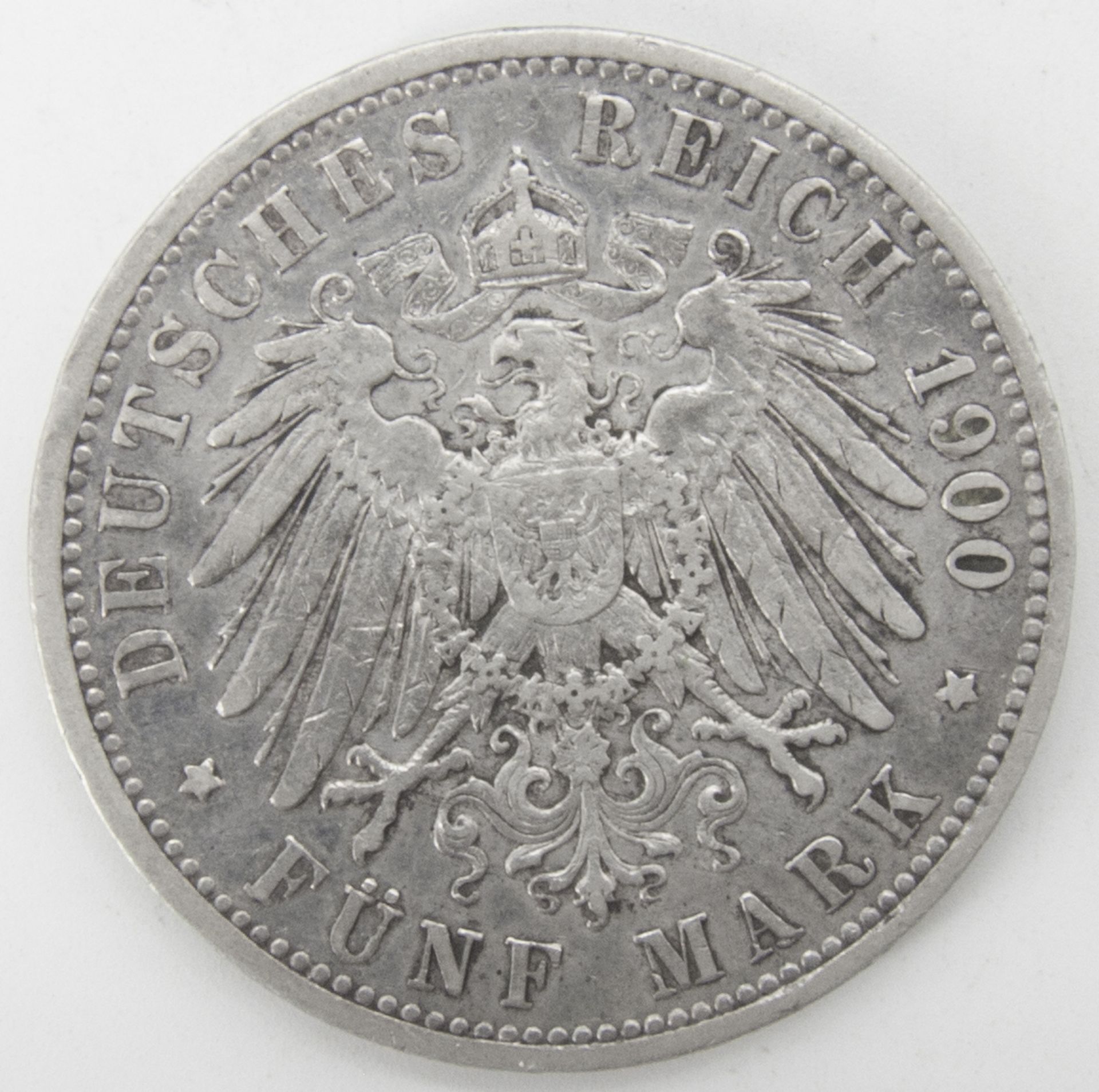 Deutsches Kaiserreich 1900 A, 5.- Mark - Silbermünze "Wilhelm II.". Erhaltung: ss. - Bild 2 aus 2