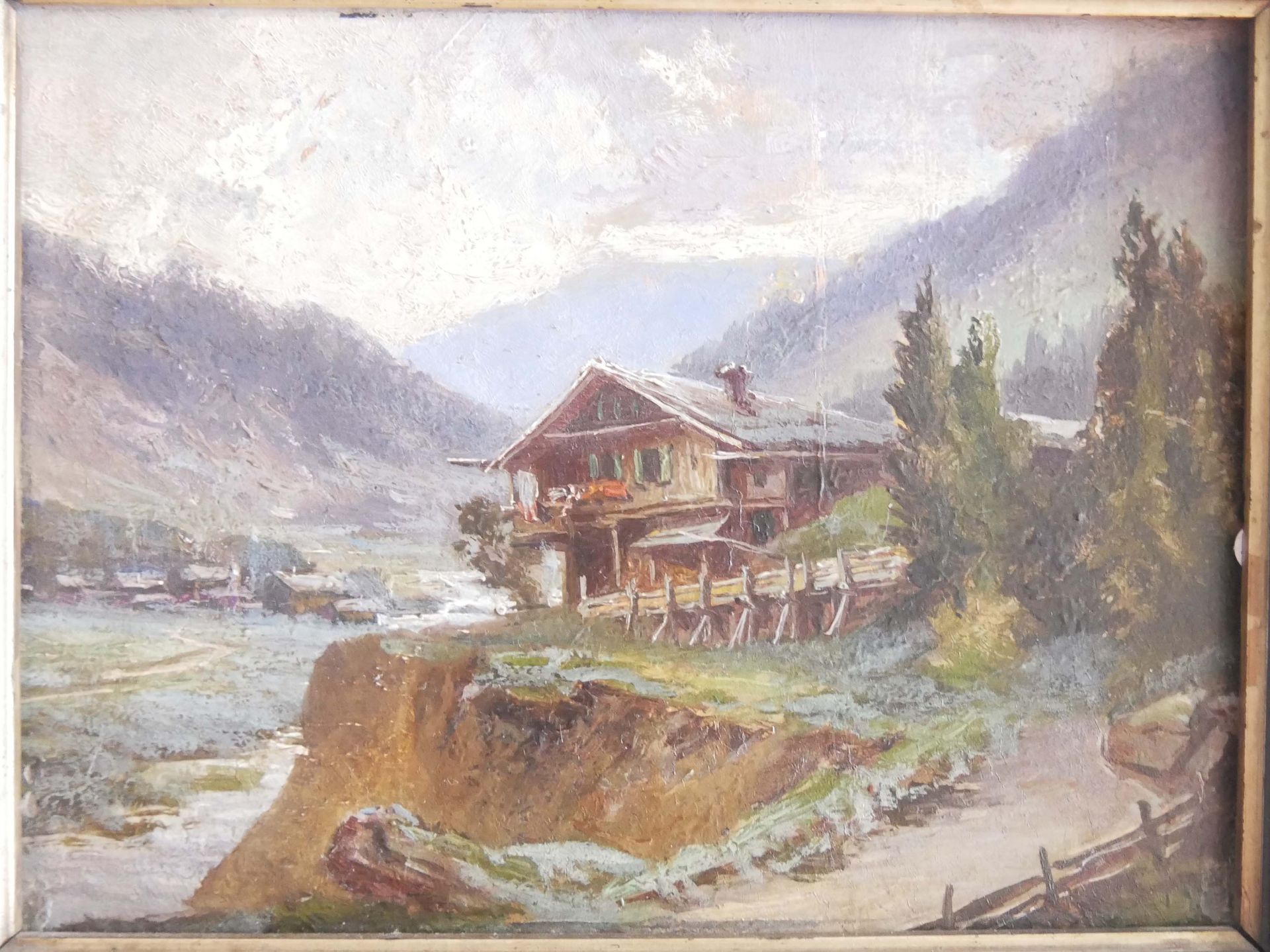 unbekannter Künstler, Ölgemälde auf Platte, "Haus in den Bergen". Gerahmt. Maße mit Rahmen 30,5 x 26 - Bild 2 aus 2