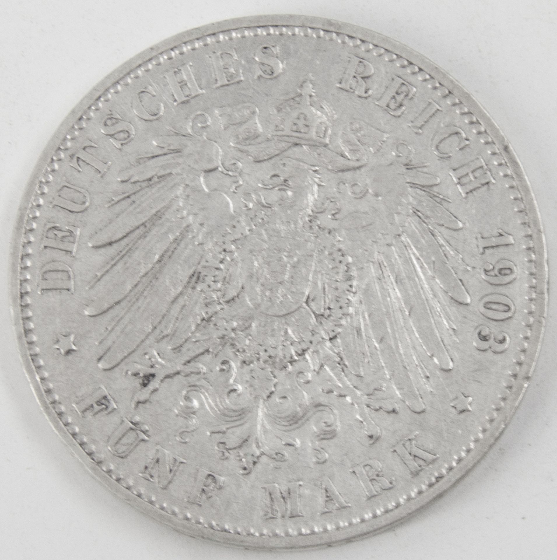 Deutsches Kaiserreich 1903 A, 5.- Mark - Silbermünze "Wilhelm II.". Erhaltung: ss. - Bild 2 aus 2
