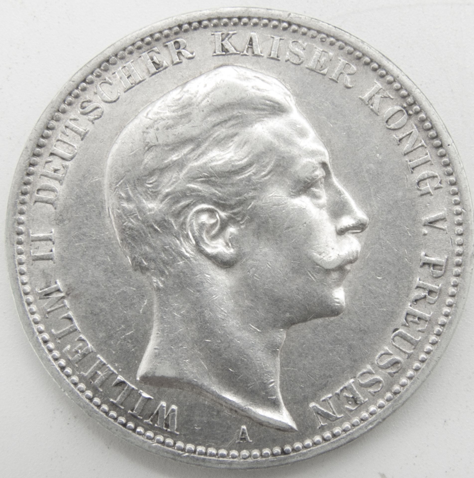 Deutsches Kaiserreich 1909 A, 3.- Mark - Silbermünze "Wilhelm II.". Erhaltung: ss.