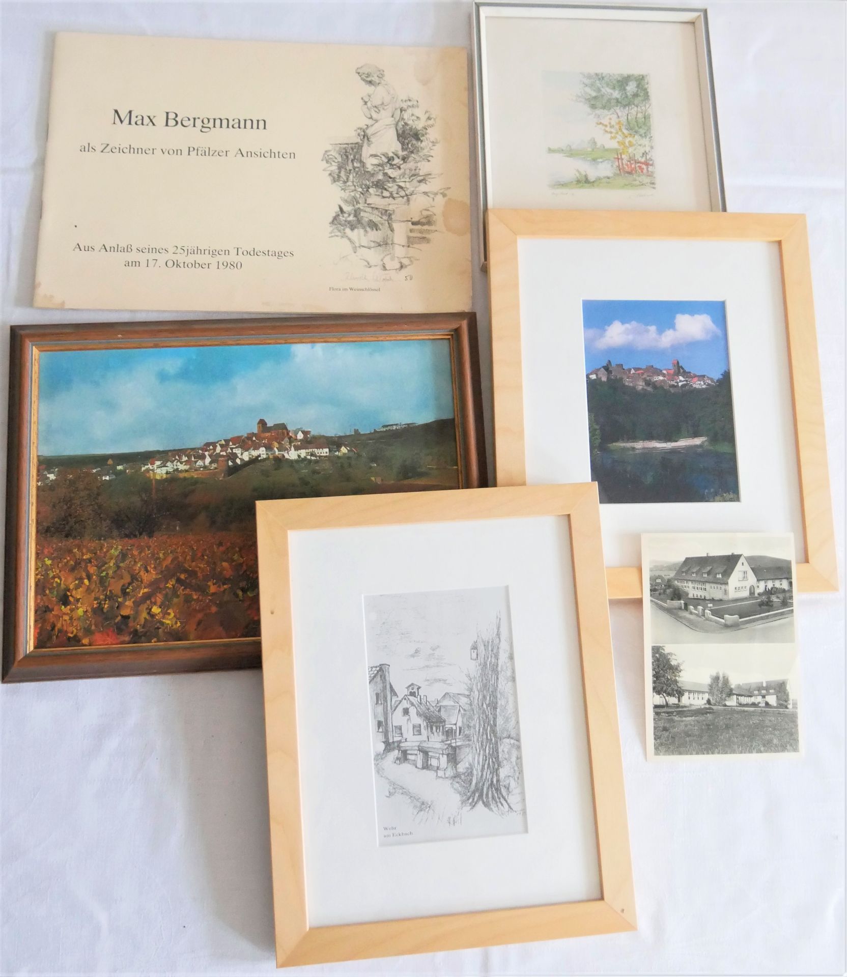 Lot Bilder, meist Drucke, dabei Max Bergmann als Zeichner von Pfälzer Ansichten, Neuleiningen,
