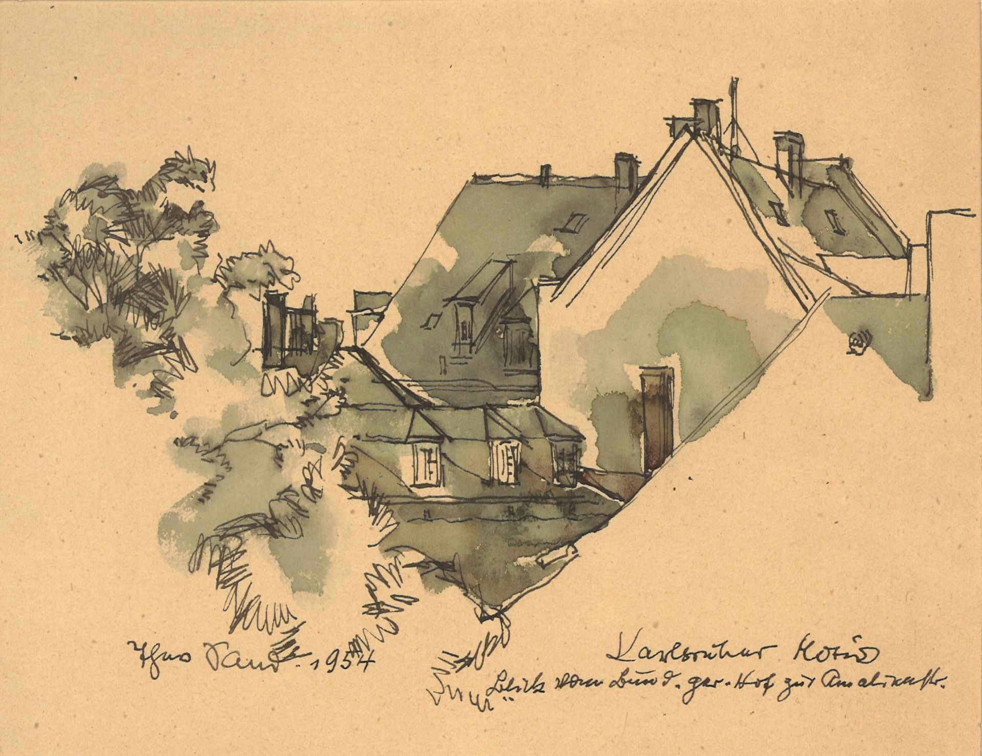 Theo Sand 1908, Aquarell Tusche, "Karlsruhe", ca. 32 cm breit, ca. 30 cm hoch
