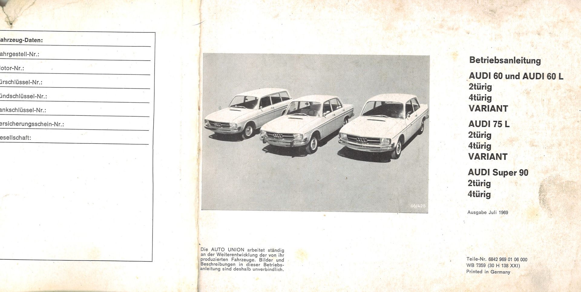 Betriebsanleitung Audi 60/75/90, Ausgabe Juli 1969