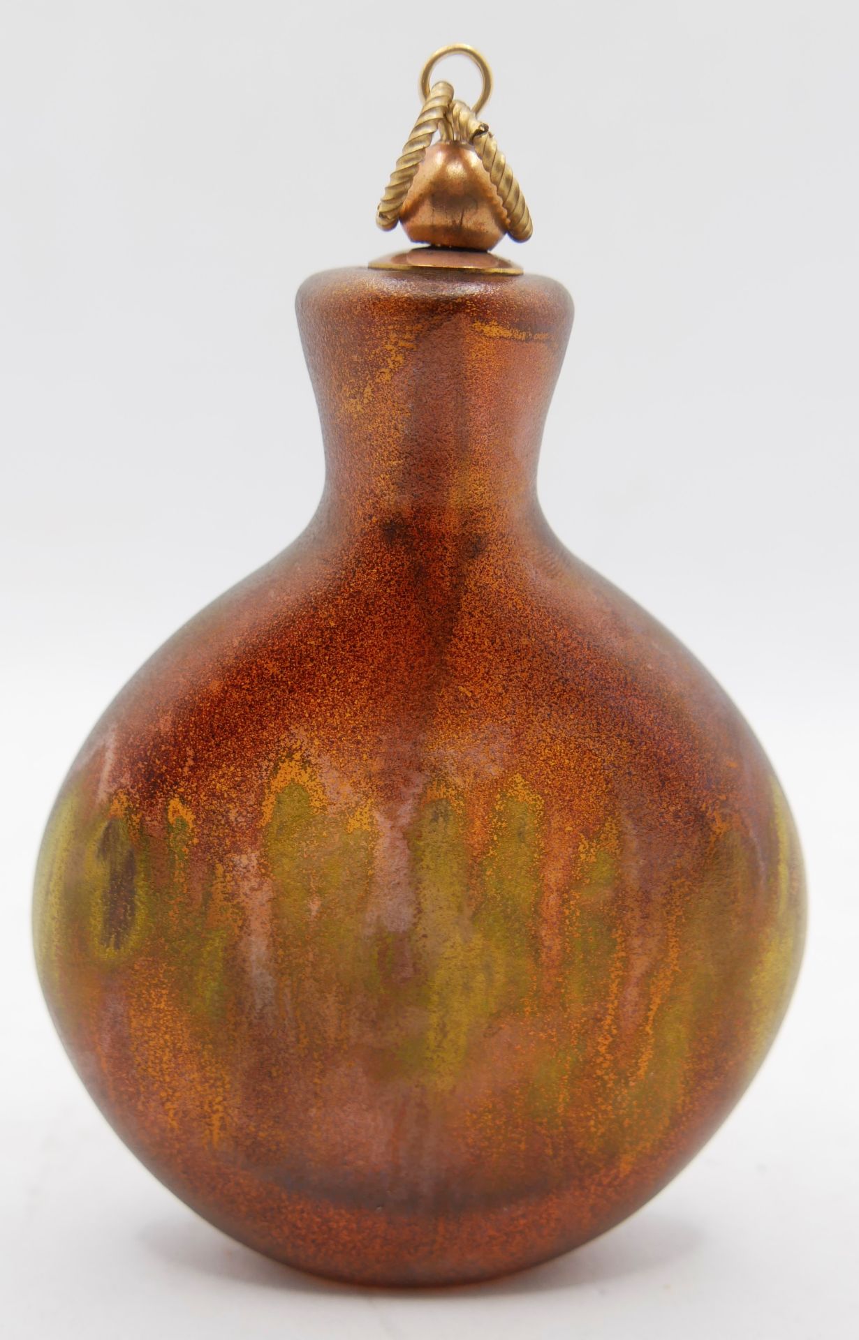 Schnupftabakflasche Glas aus Sammlung, Bixl, rot/gold mit Stöpsel. Bayrischer Wald. Höhe ca. 10,5