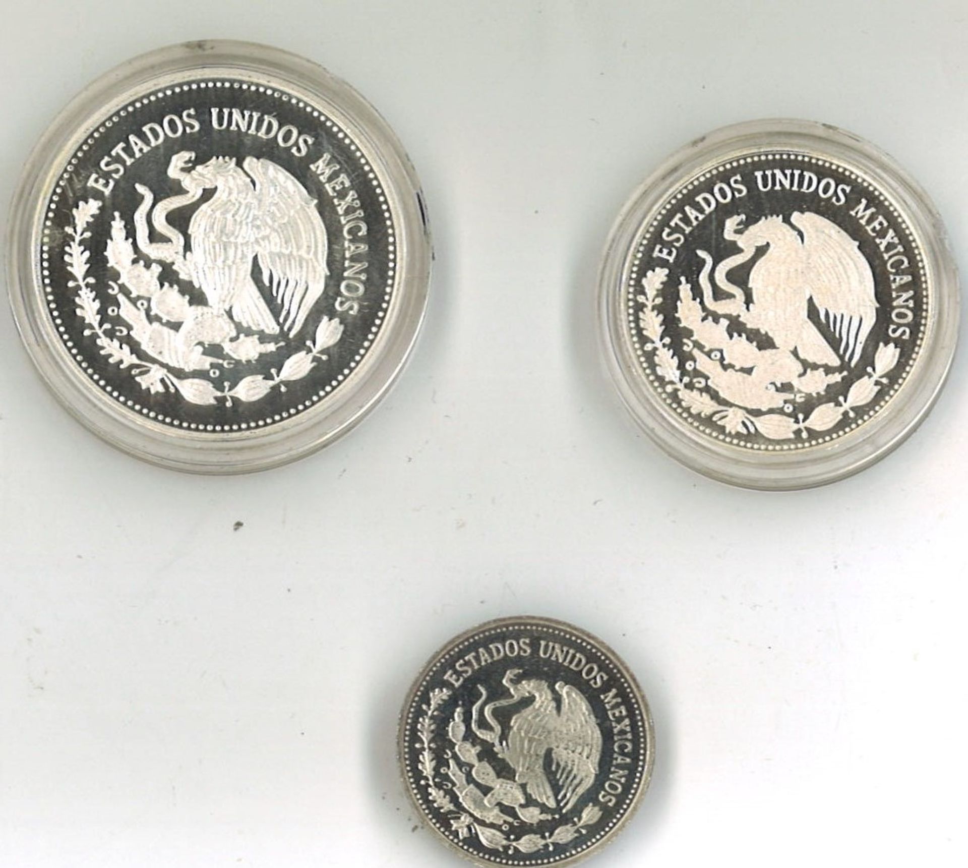 3x Silbermünzen Mexiko "Fußball - WM Mexiko 1986" 2x gekapselt 100-25 Pesos