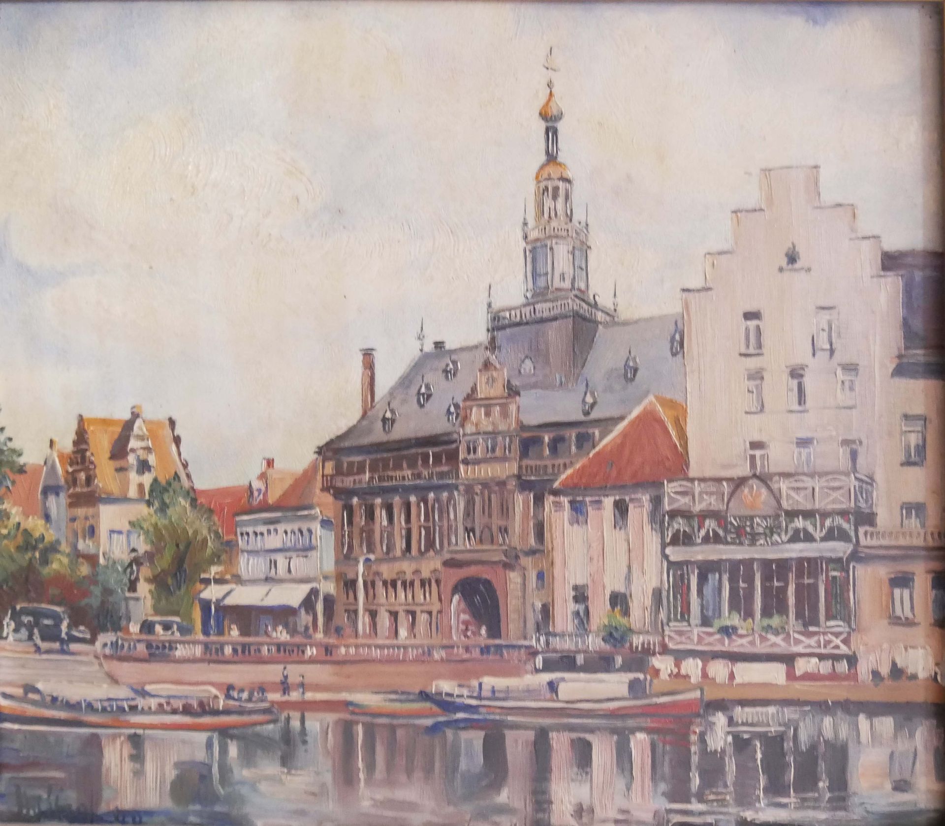 H Witzel, Ölgemälde auf Holzplatte "Hafenstadt mit Promenade", links unten Signatur H. Witzel. Im - Bild 2 aus 4