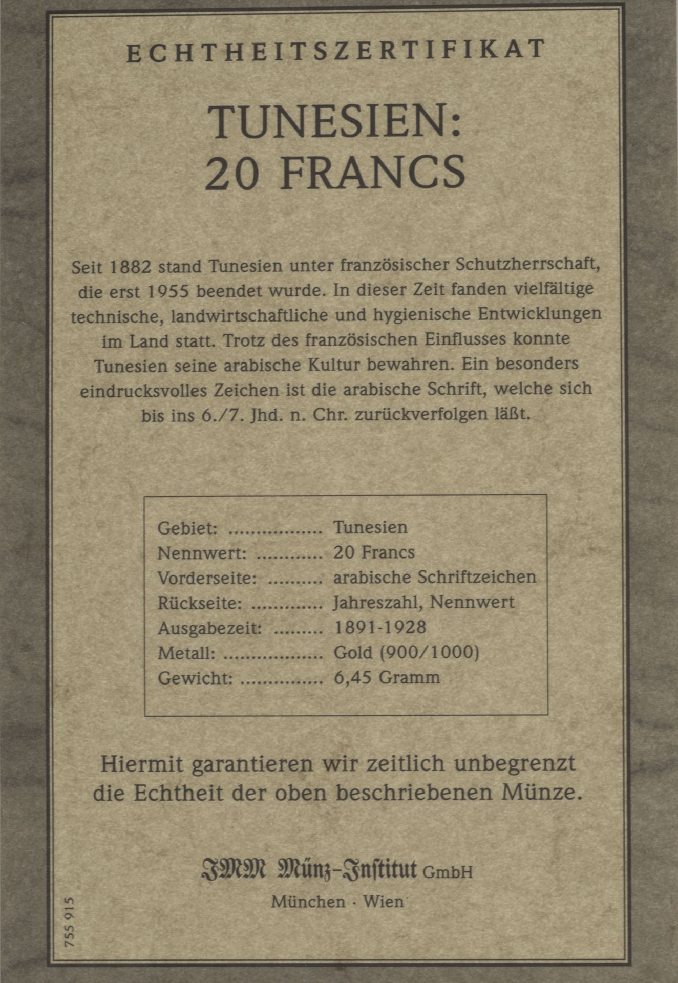 Tunesien 1891 - 1928, 20 Francs - Goldmünze Gold 900/1000. Gewicht: ca. 6,45 g. Erhaltung: vz. Mit - Image 3 of 3