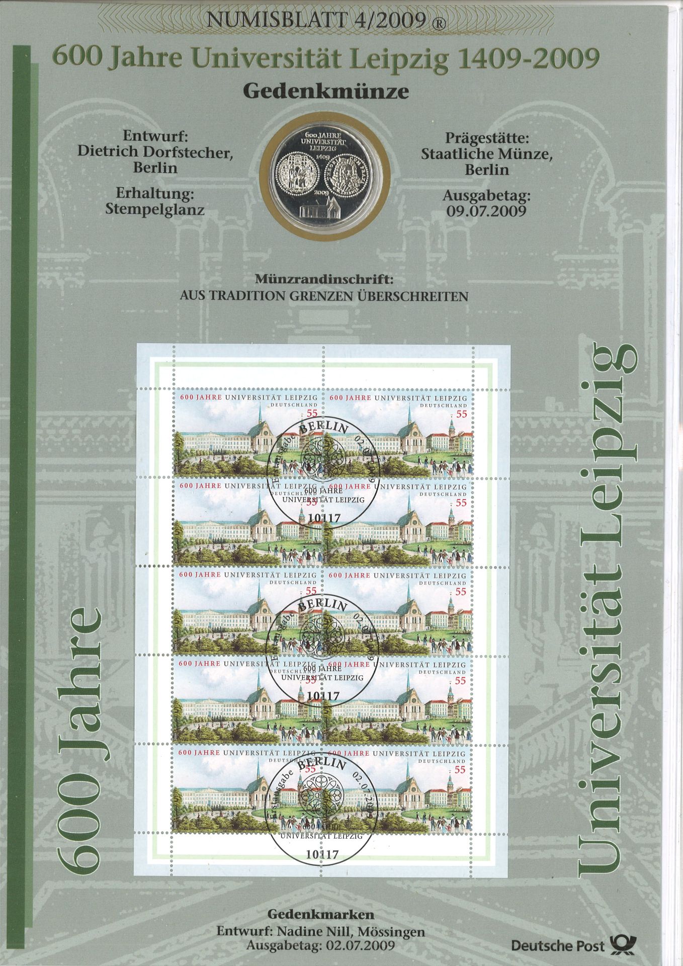 Lot Numisblätter mit gestempelten 10er Bögen, Jahrgang 2007, 2008, 2005, 2009. Insgesamt 21 Stück.