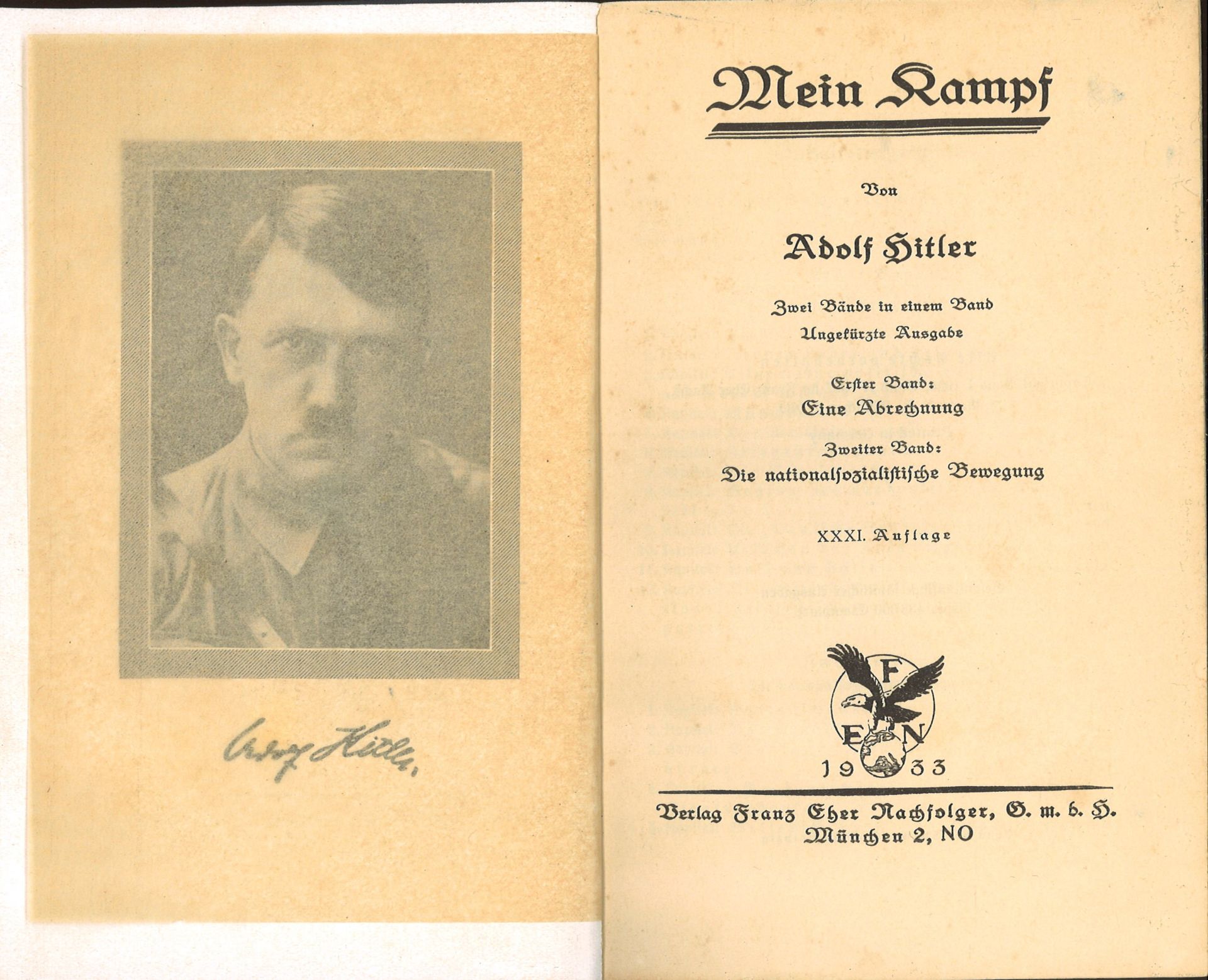 Adolf Hitler "Mein Kampf", 2 Bände in einem Band, ungekürzte Ausgabe, 1933, NSAP. Mit