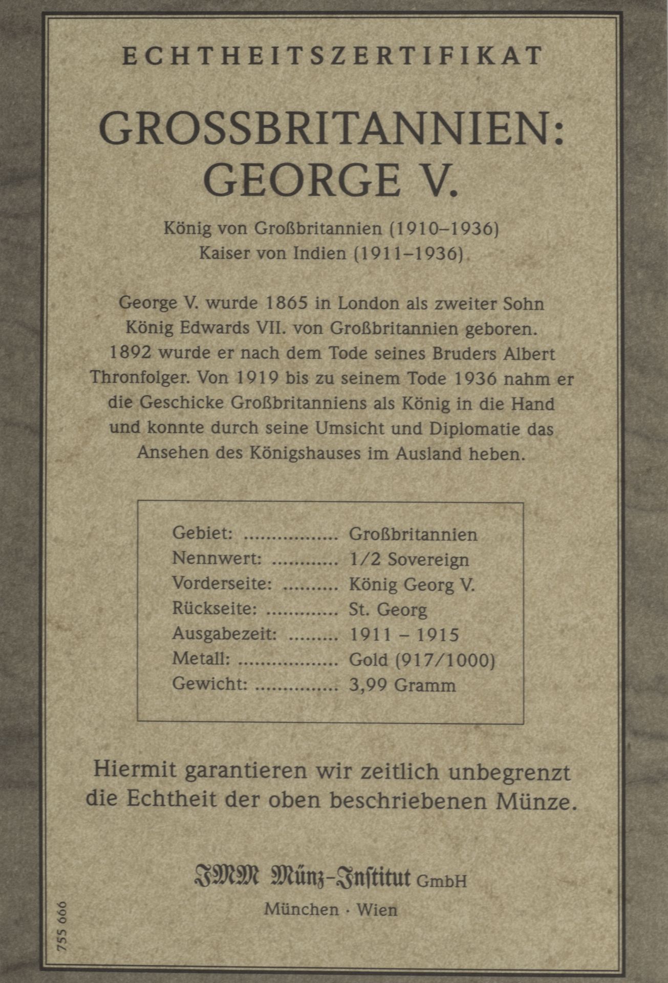 Großbritannien 1911 - 1915, 1/2 Sovereign - Goldmünze, "George V." Gold 917/1000. Gewicht: ca. 3, - Image 3 of 3