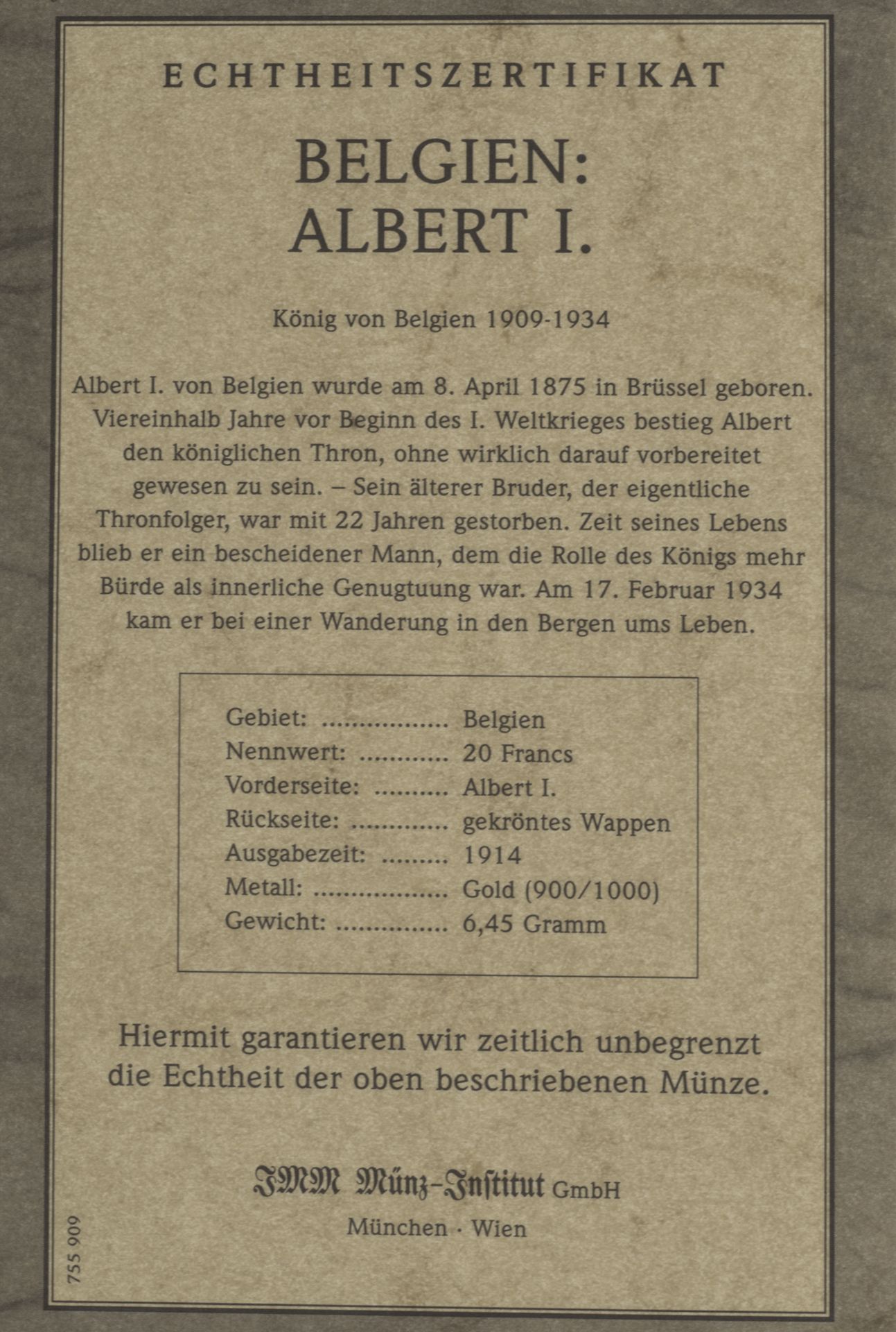 Belgien 1914, 20 Francs - Goldmünze "Albert I." Gold 900/1000. Gewicht: ca. 6,45 g. Erhaltung: vz. - Image 3 of 3