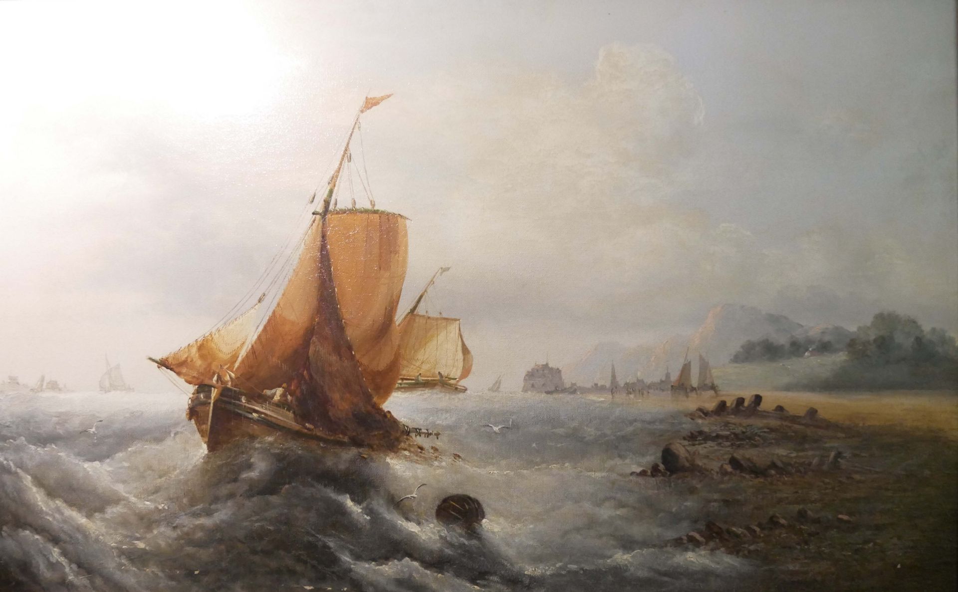 J. Knight, Ölgemälde auf Leinwand, wohl England um 1830/50 "Fischer in stürmischer See an der Küste, - Bild 2 aus 5