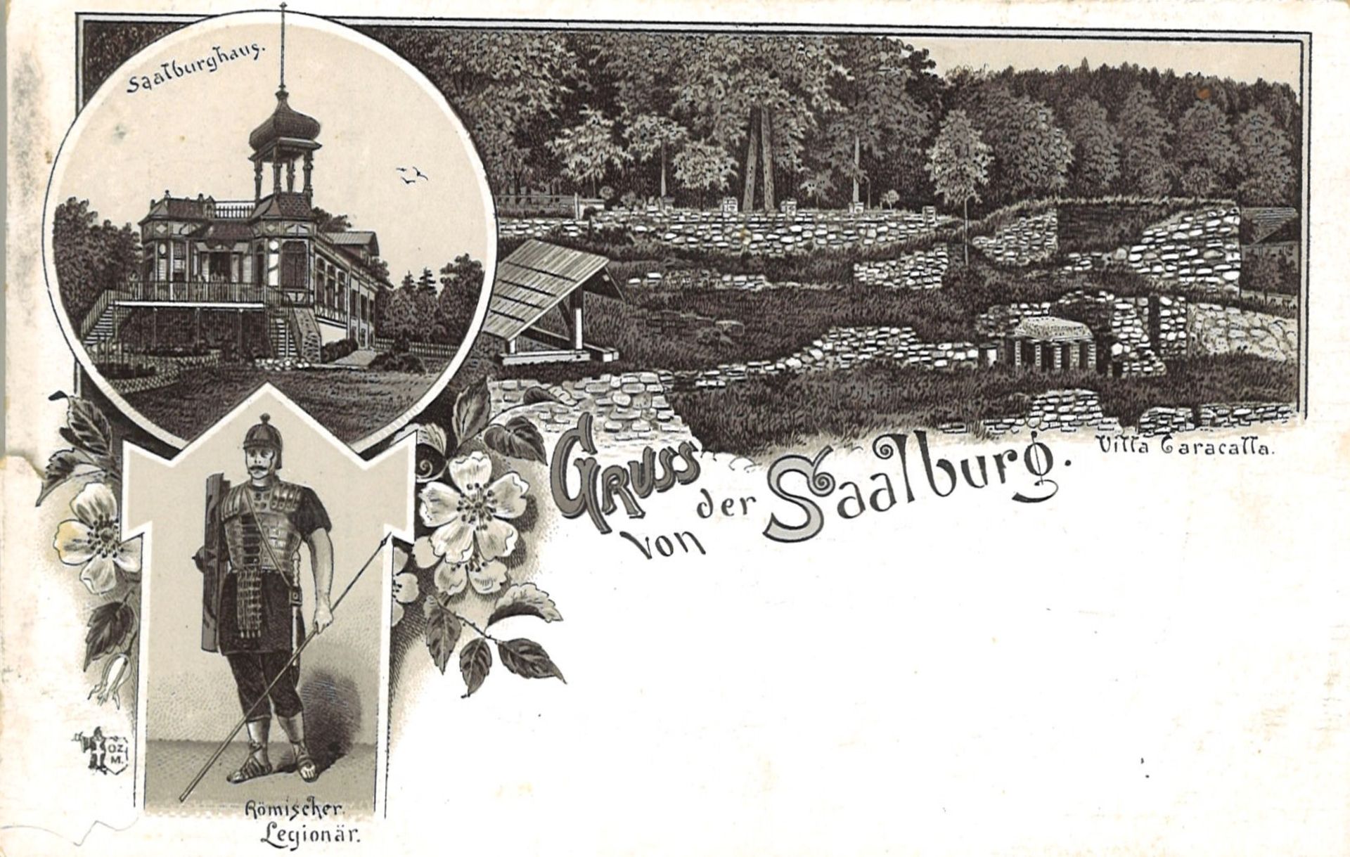 Postkarte "Gruss von der Saalburg". Ansicht vom Saalburghaus, Römischer Legionär, Villa Garacalla