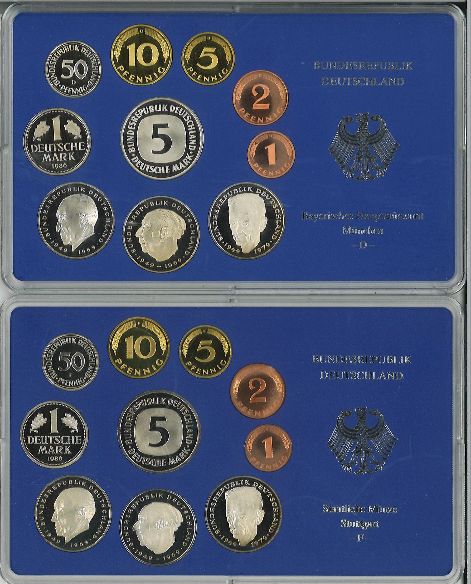 BRD Münzsets Jahrgang 1986, D, F, G und J. Im Original Blister.