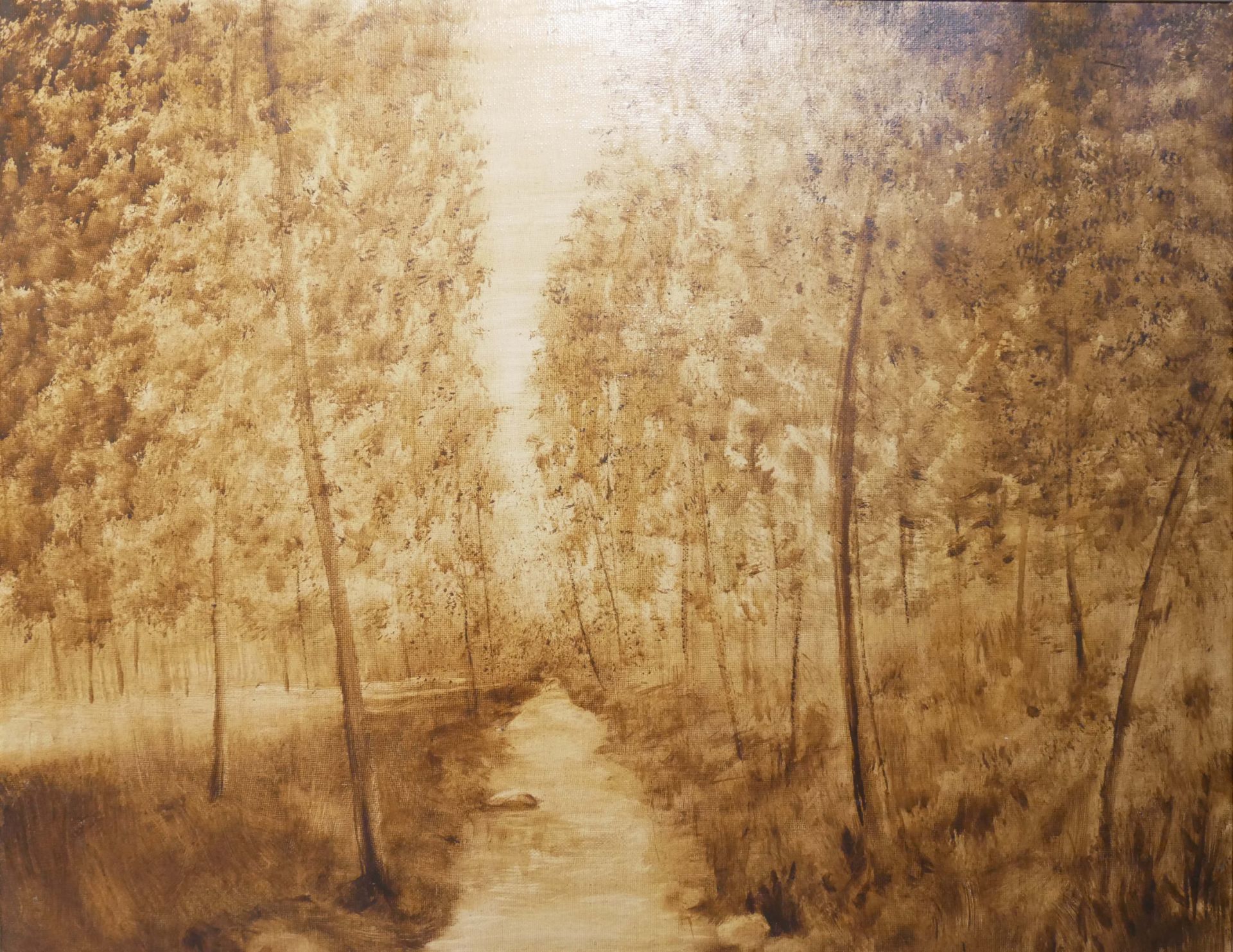unbekannter Künstler, Ölgemälde auf Leinwand, Bachlauf durch Wald, minimaler Farbverlust. Rechts - Bild 2 aus 3