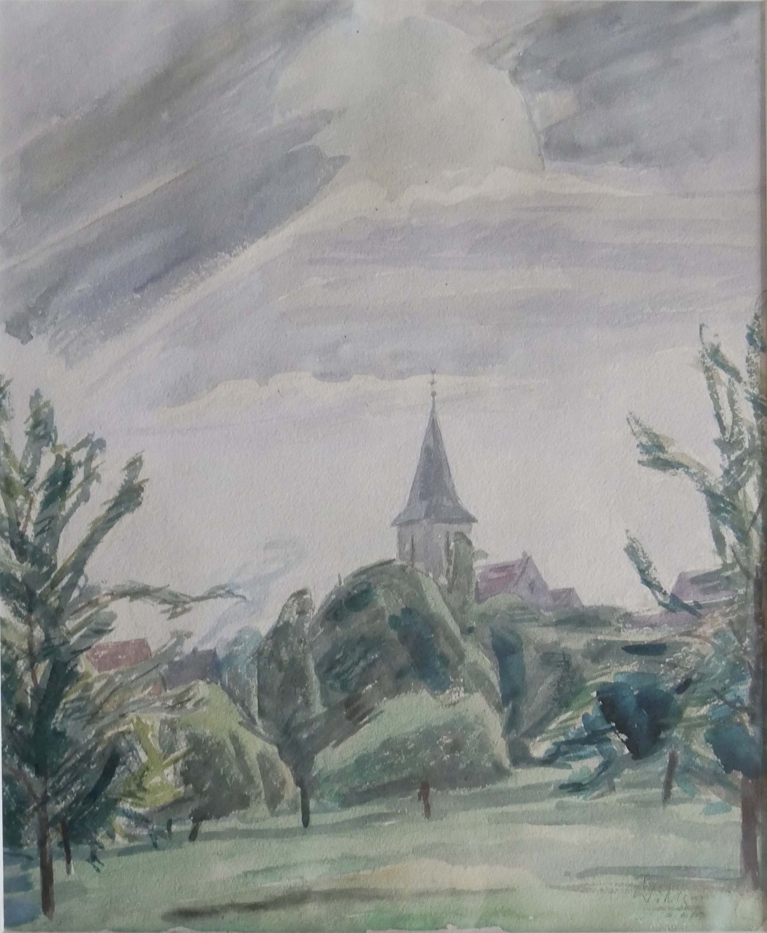 Daniel Wohlgemuth (1876-1967) Aquarell auf Papier, aufwendig hinter Glas gerahmt "Dorfkirche" rechts - Bild 2 aus 3