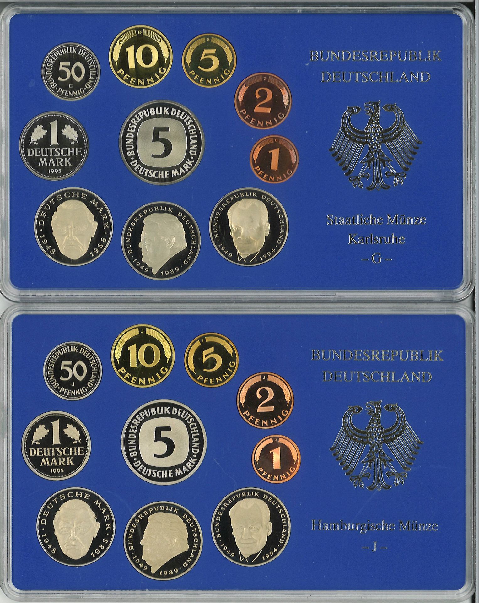 BRD Münzsets Jahrgang 1995, A, D, F, G und J. Im Original Blister. - Image 4 of 6