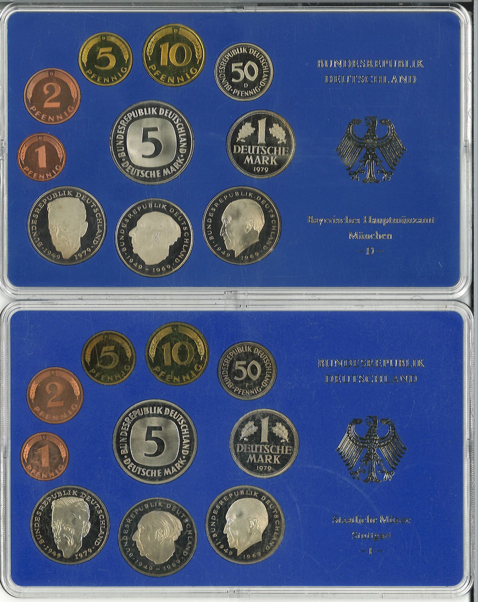 BRD Münzsets Jahrgang 1979, D, F, G und J. Im Original Blister.