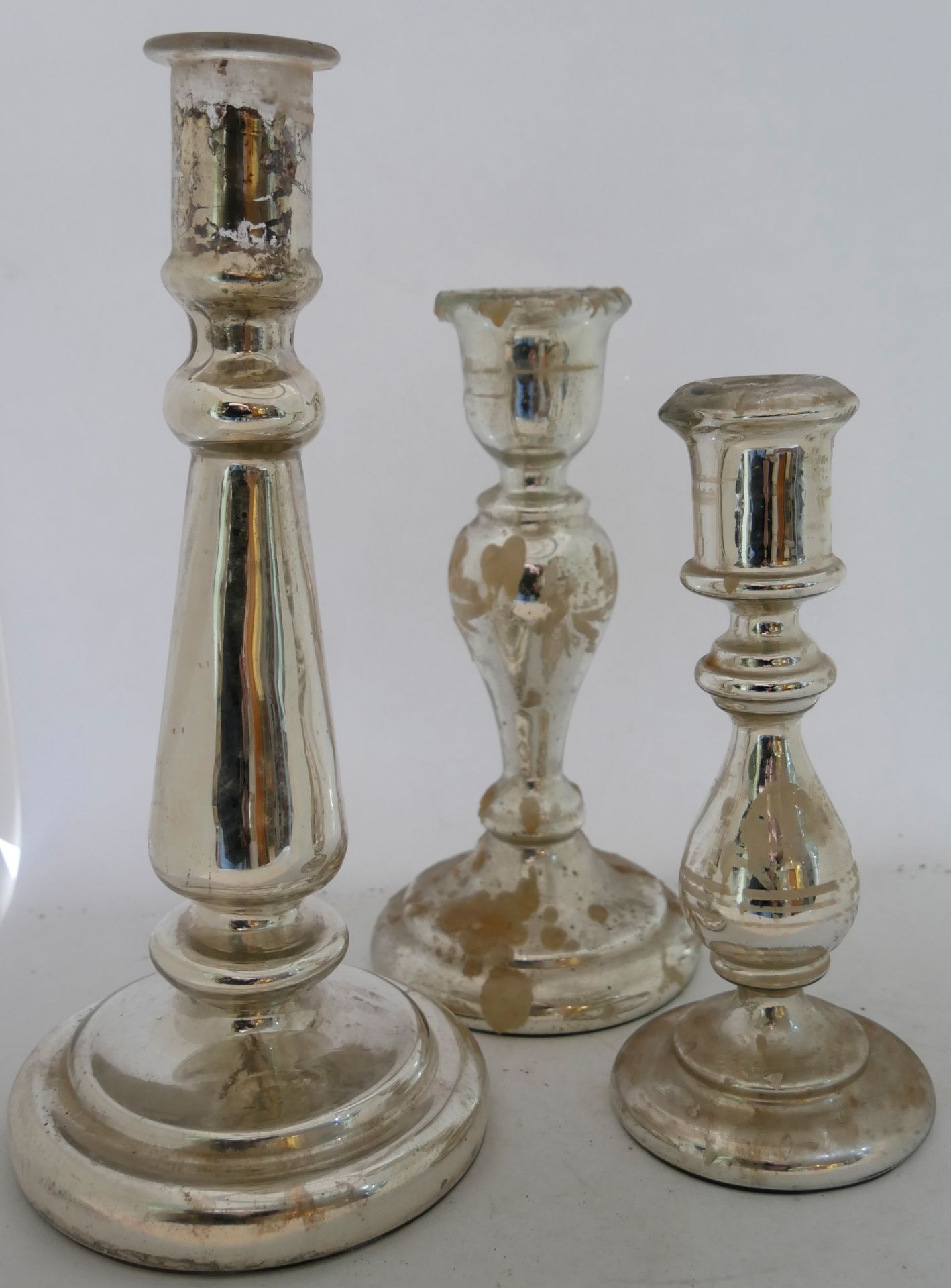 Aus Sammlung - 3 antike Kerzenleuchter aus Bauernsilber, Bemalung teilweise noch vorhanden, mit