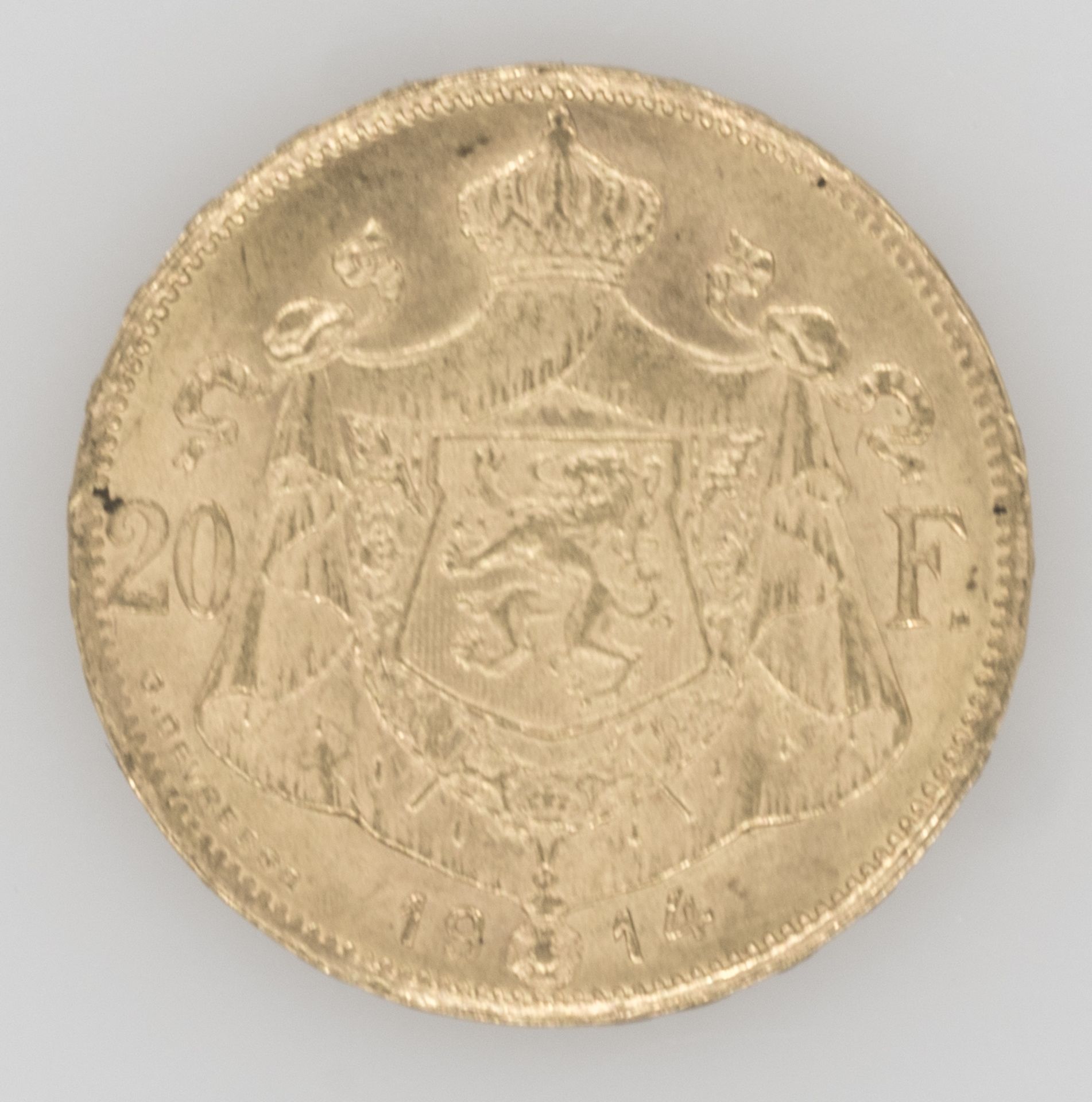 Belgien 1914, 20 Francs - Goldmünze "Albert I." Gold 900/1000. Gewicht: ca. 6,45 g. Erhaltung: vz. - Image 2 of 3