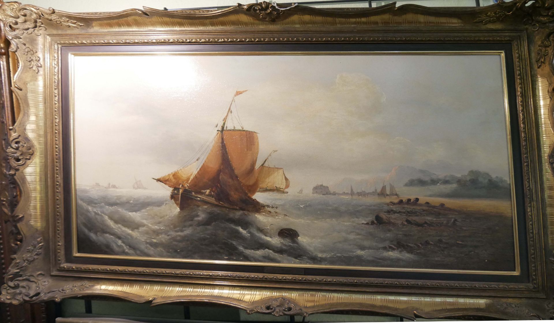 J. Knight, Ölgemälde auf Leinwand, wohl England um 1830/50 "Fischer in stürmischer See an der Küste,