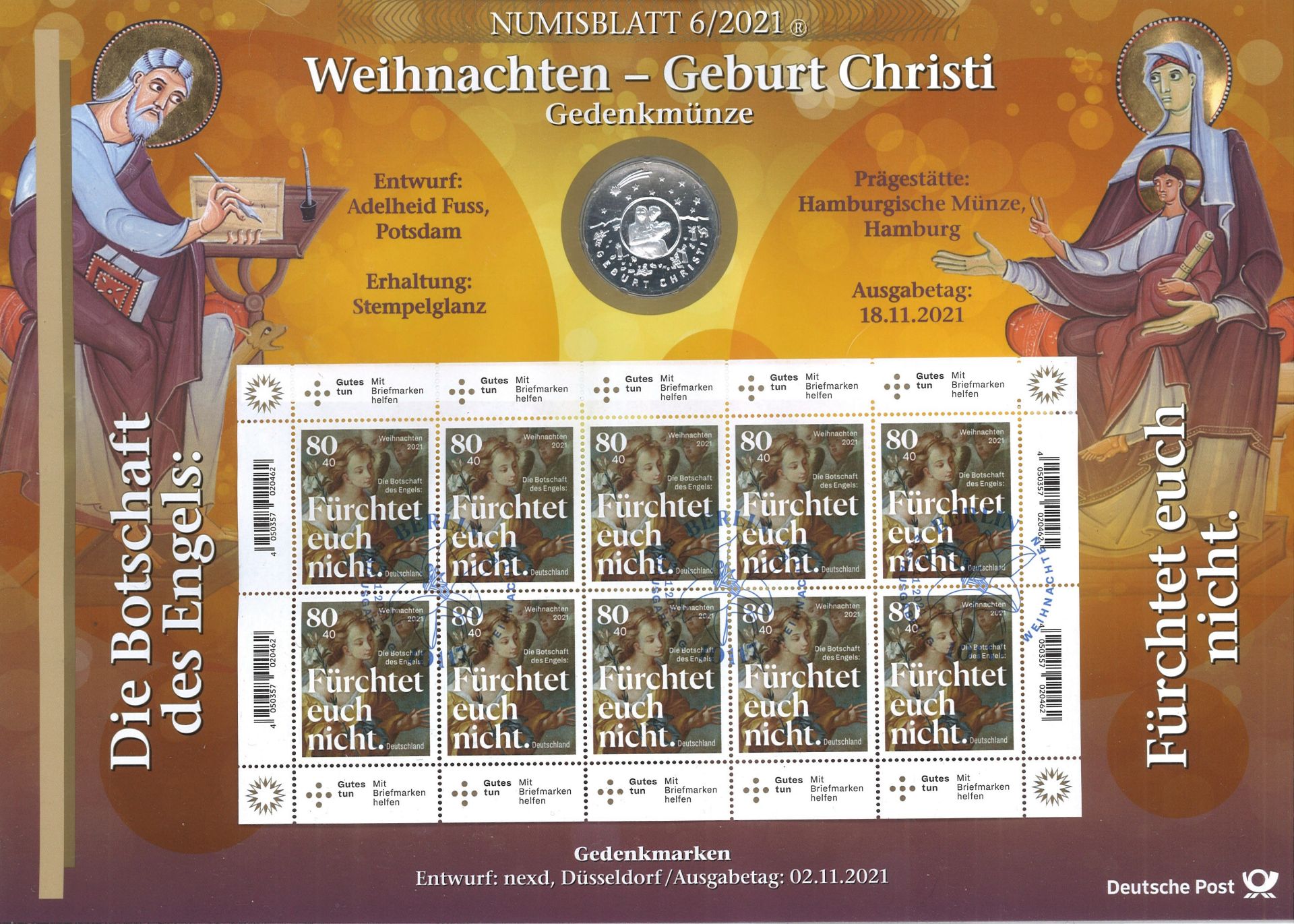 25 Euro Numisblatt WEIHNACHTEN - GEBURT CHRISTI 6/2021 mit 10er Bogen.