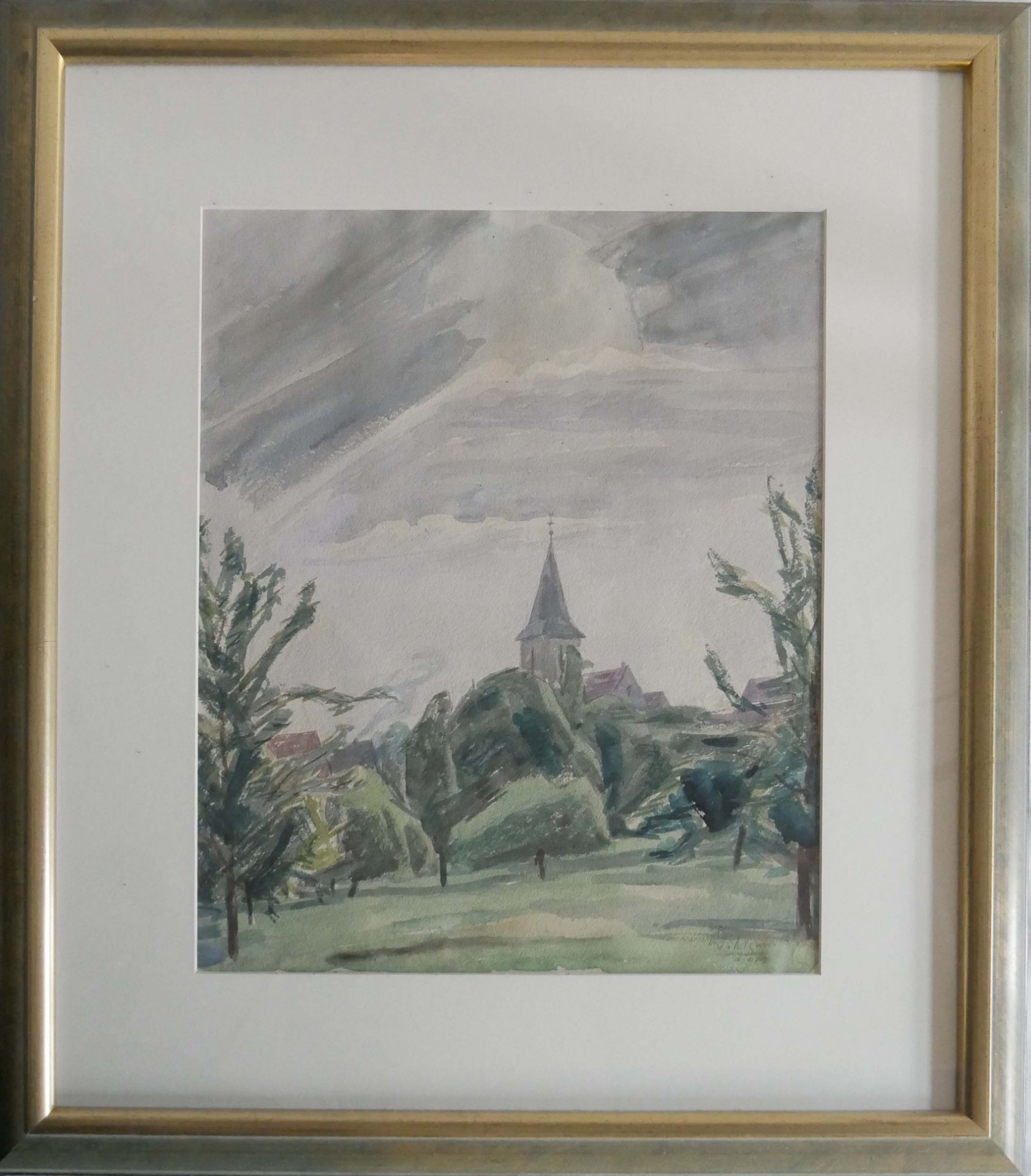 Daniel Wohlgemuth (1876-1967) Aquarell auf Papier, aufwendig hinter Glas gerahmt "Dorfkirche" rechts