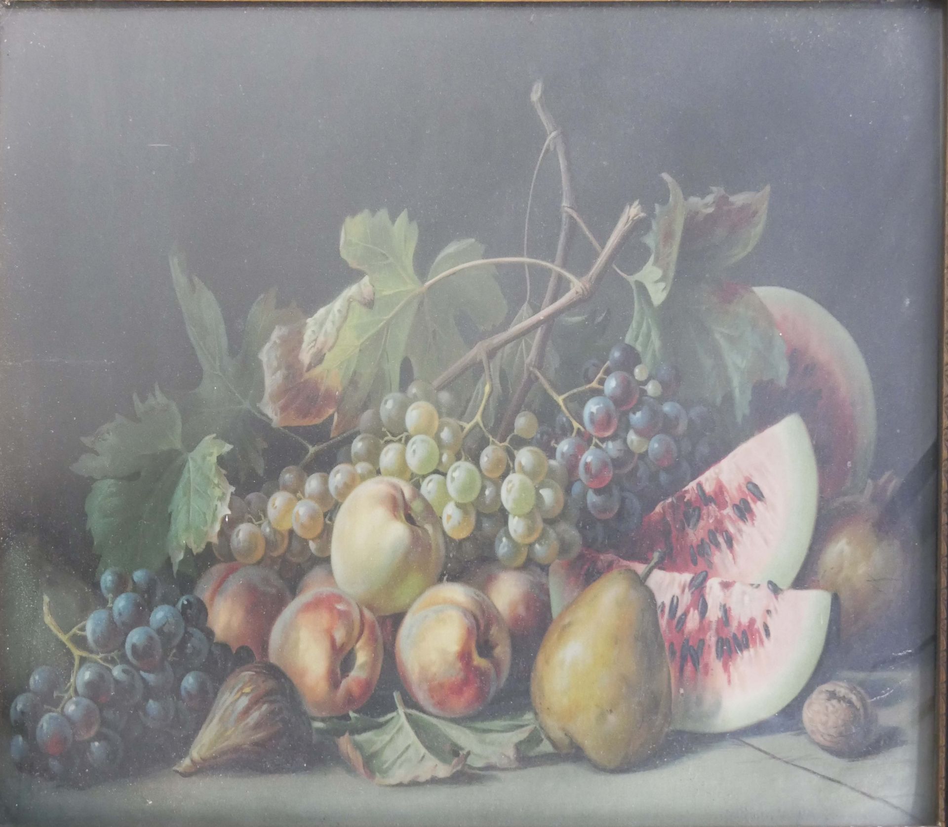 alter Kunstdruck Stillleben "Obst & Weinblätter" im alten Rahmen. Maße: Höhe ca. 60 cm, Breite ca. - Bild 2 aus 2