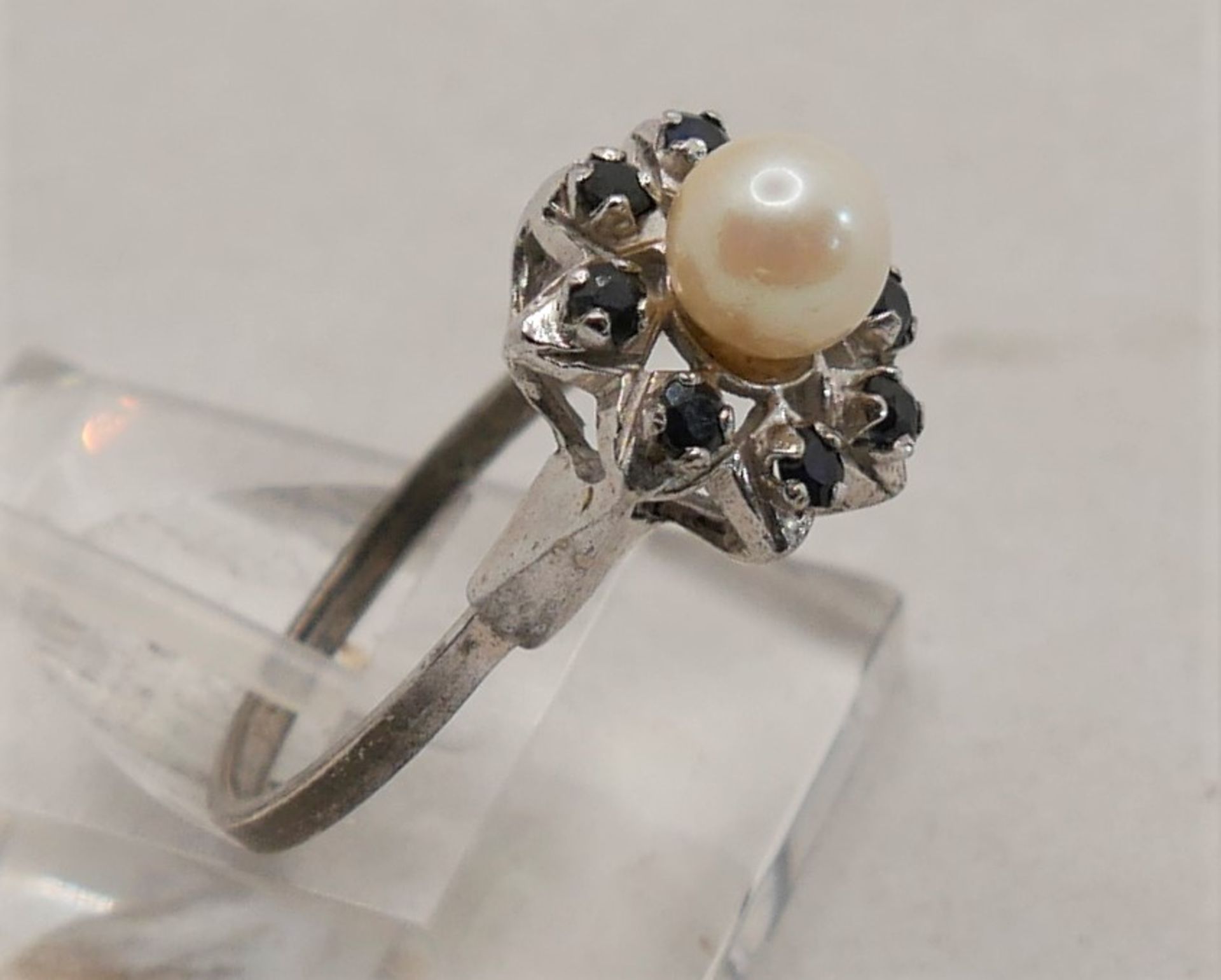 Damenring 925er Silber gepunzt, mit einer Perle und blauen Glassteinen, Ringgröße 60 - Image 2 of 2