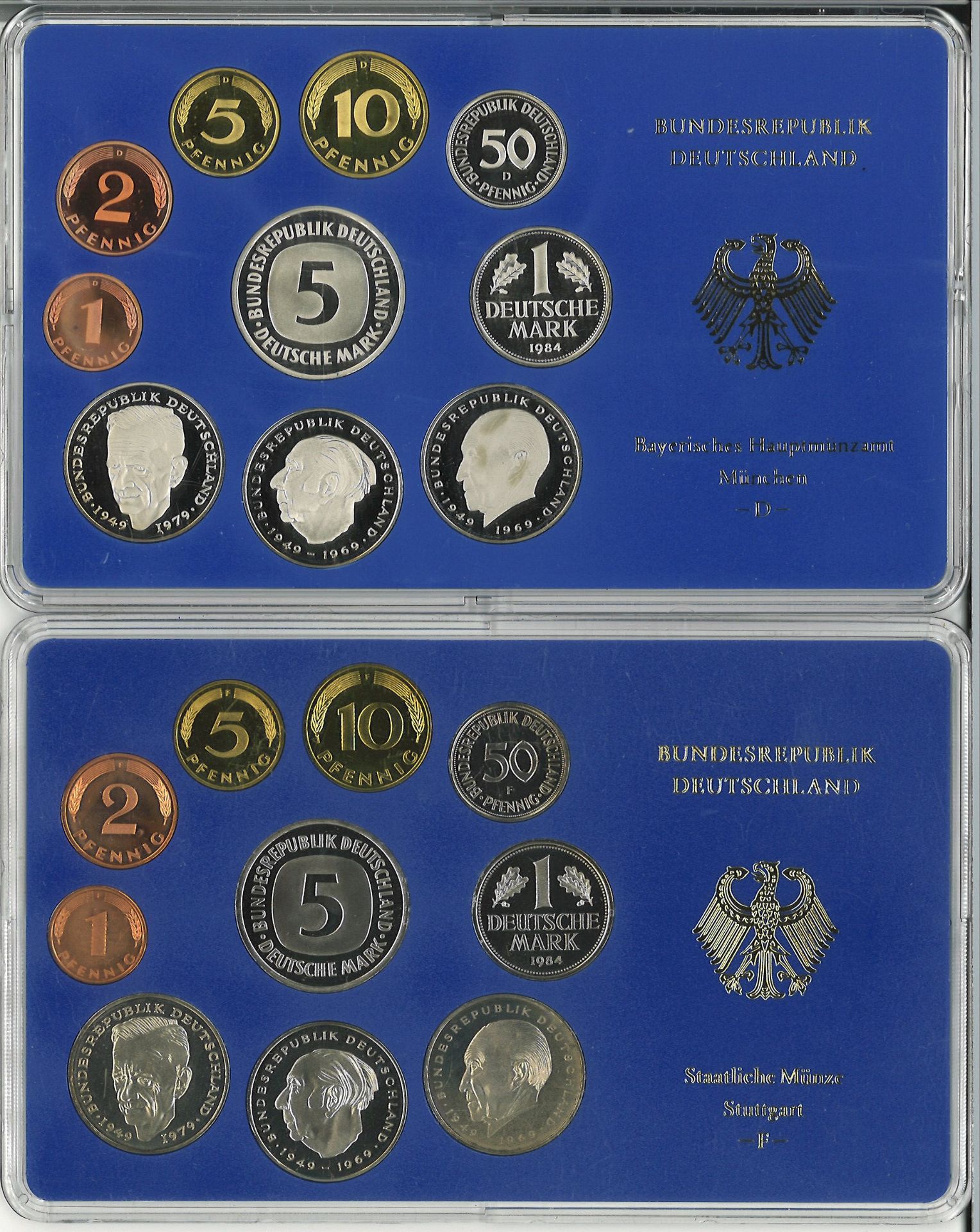 BRD Münzsets Jahrgang 1984, D, F, G und J. Im Original Blister.