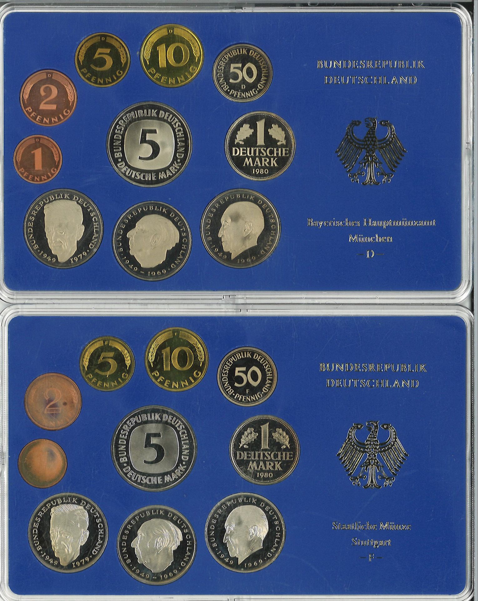 BRD Münzsets Jahrgang 1980, D, F, G und J. Im Original Blister.
