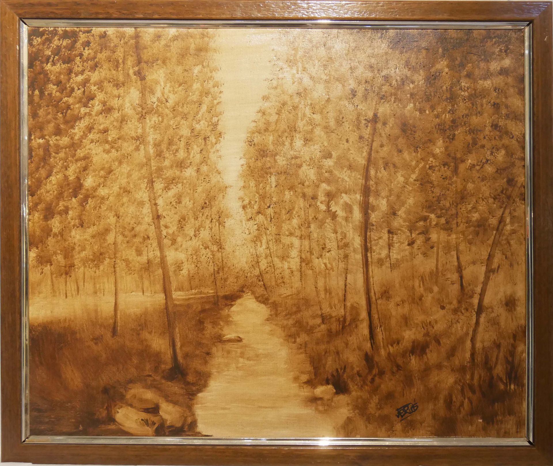 unbekannter Künstler, Ölgemälde auf Leinwand, Bachlauf durch Wald, minimaler Farbverlust. Rechts
