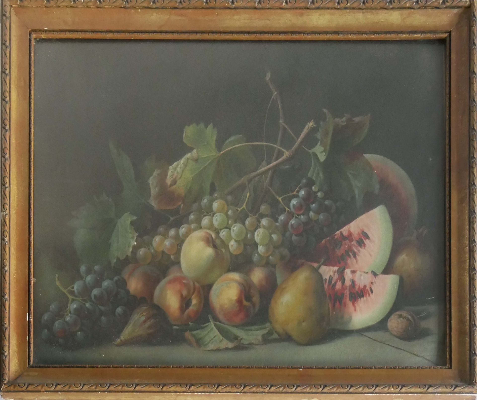 alter Kunstdruck Stillleben "Obst & Weinblätter" im alten Rahmen. Maße: Höhe ca. 60 cm, Breite ca.