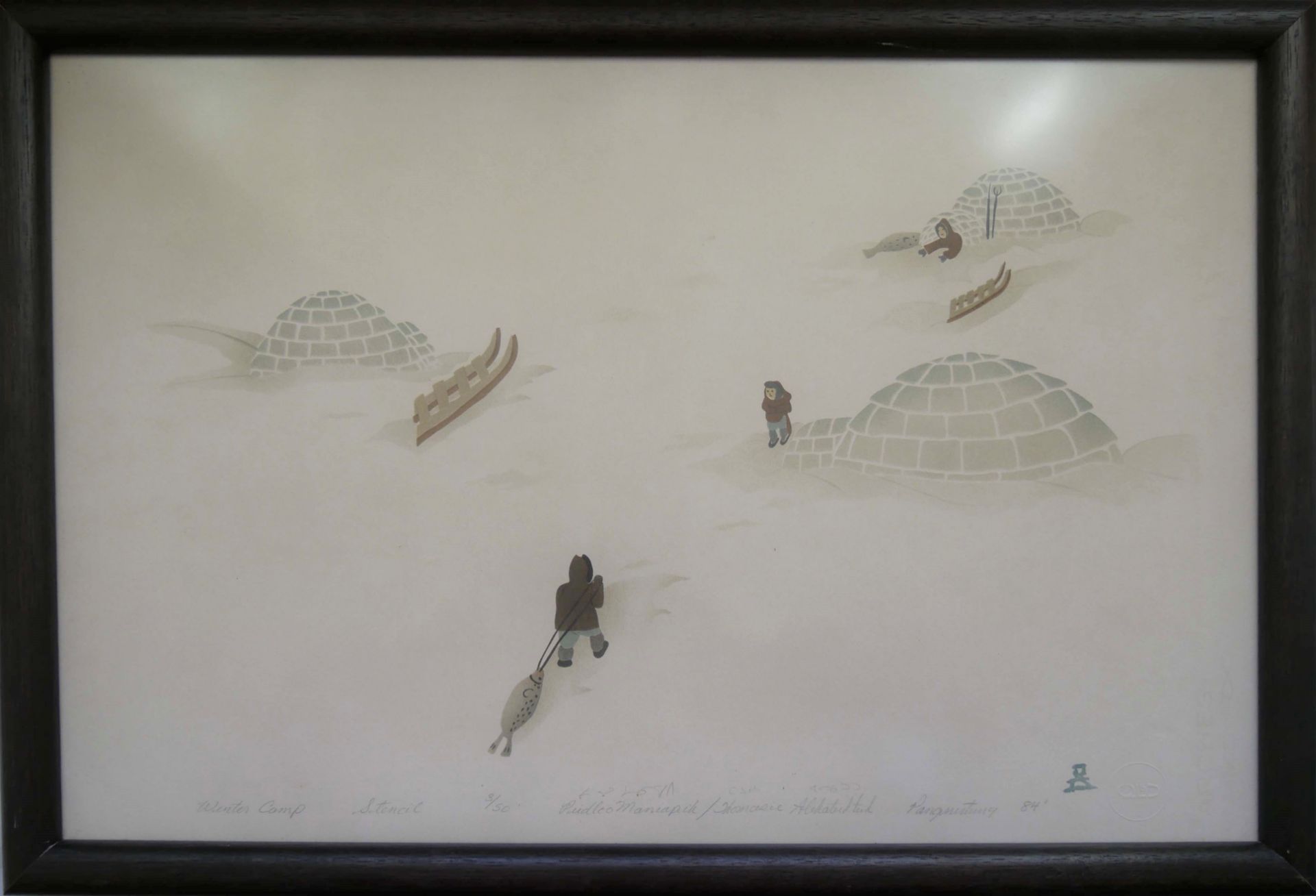 Pudlo Maniapik (1946- ), Naive Malerei, Inuit Canada Wintercamp. Hinter Glas gerahmt. Maße mit
