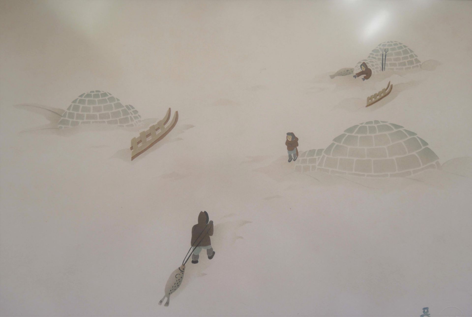Pudlo Maniapik (1946- ), Naive Malerei, Inuit Canada Wintercamp. Hinter Glas gerahmt. Maße mit - Image 2 of 4