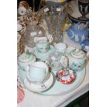 GROUP OF MIXED CERAMICS AND GLASS INCLUDING A HAND-PAINTED FLORAL PATTERNED TEA SET WITH BUTTERFLY