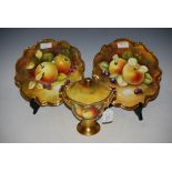 COALPORT HAND PAINTED BONE CHINA TWIN-HANDLED CUP AND COVER, DECORATED WITH FRUIT ON A MOSSY