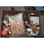 BOX - ASSORTED HOUSEHOLD ITEMS TO INCLUDE VINTAGE SILVER BULLET GAME, HOUSE BELL, WOOD MOULDING