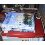BOX - SHOOTING INTEREST ITEMS, VARIOUS BOOKS, CASED SET OF ELEY CARTRIDGE SAMPLES, TWO BRONZED