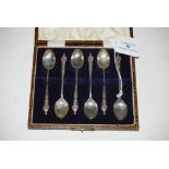 SET OF SIX BIRMINGHAM SILVER COFFEE SPOONS WITH APOSTLE TERMINALS.