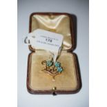LATE 19TH/ EARLY 20TH CENTURY YELLOW METAL SPLIT PEARL AND TURQUOISE SET PENDANT BROOCH.